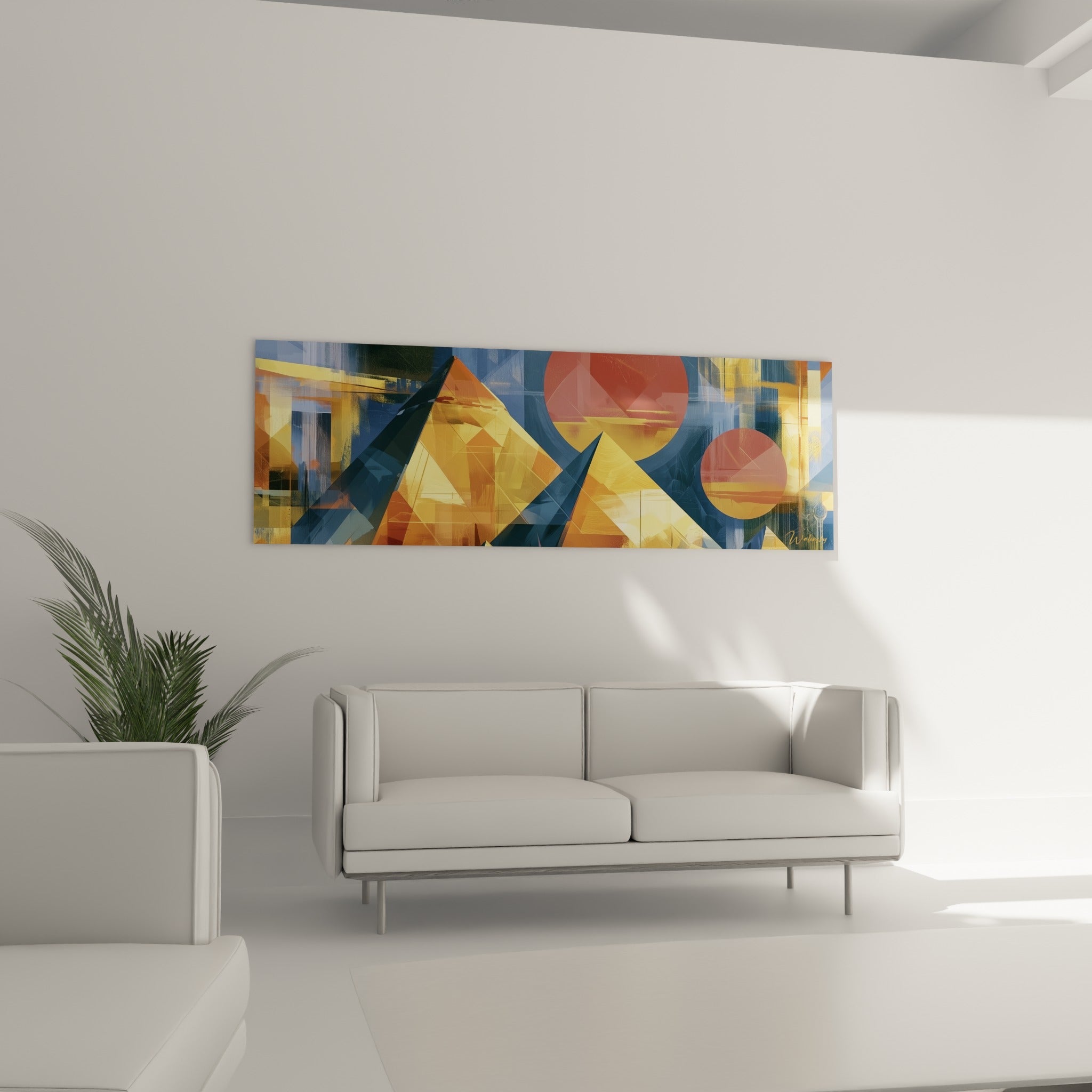 Composition abstraite ocre et bleu ardoise inspirée des pyramides, au-dessus d'un canapé dans un salon lumineux