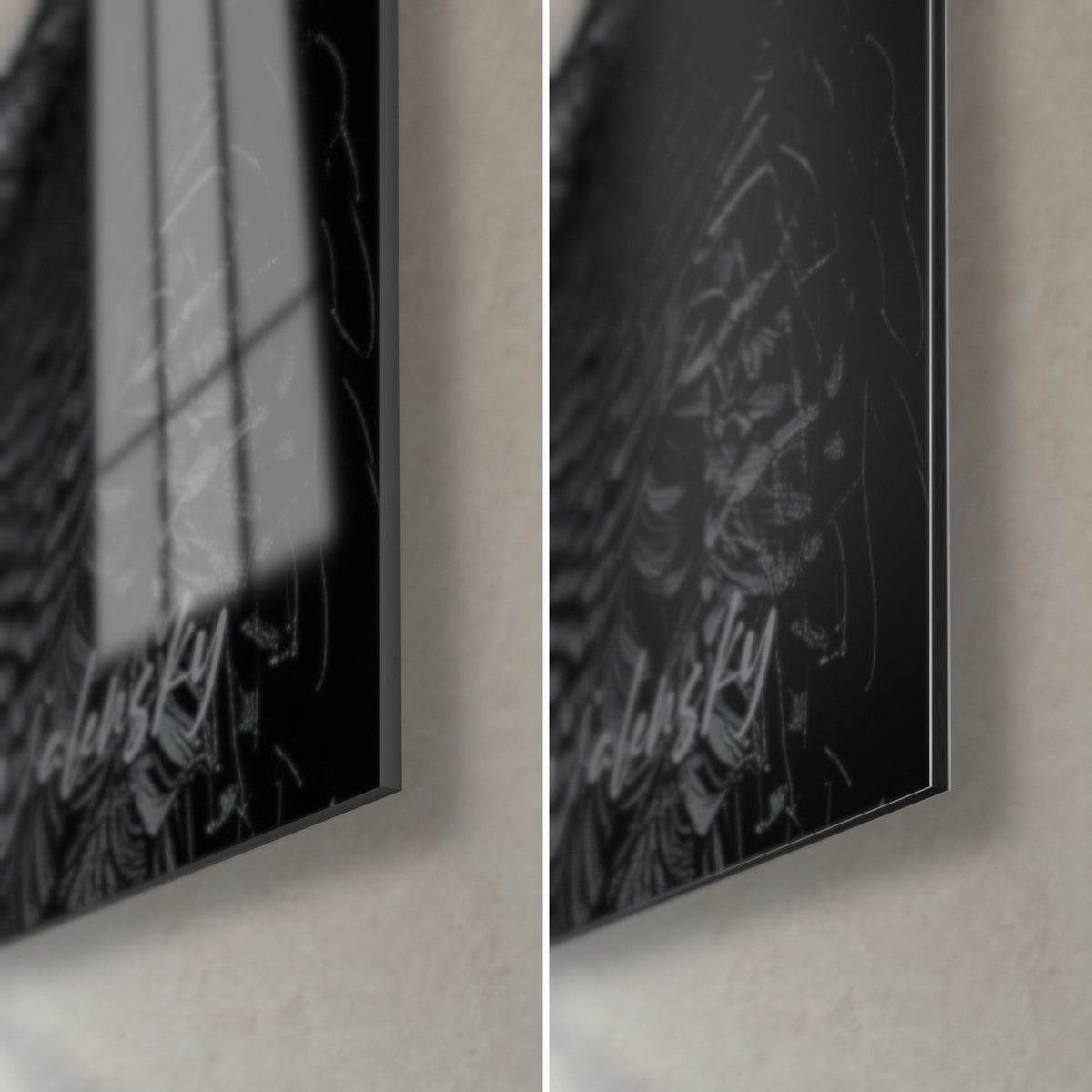 Wall art chiselled pharaoh profiles, bottom right corner: glossy glass on the left, matte anthracite grey Dibond on the right