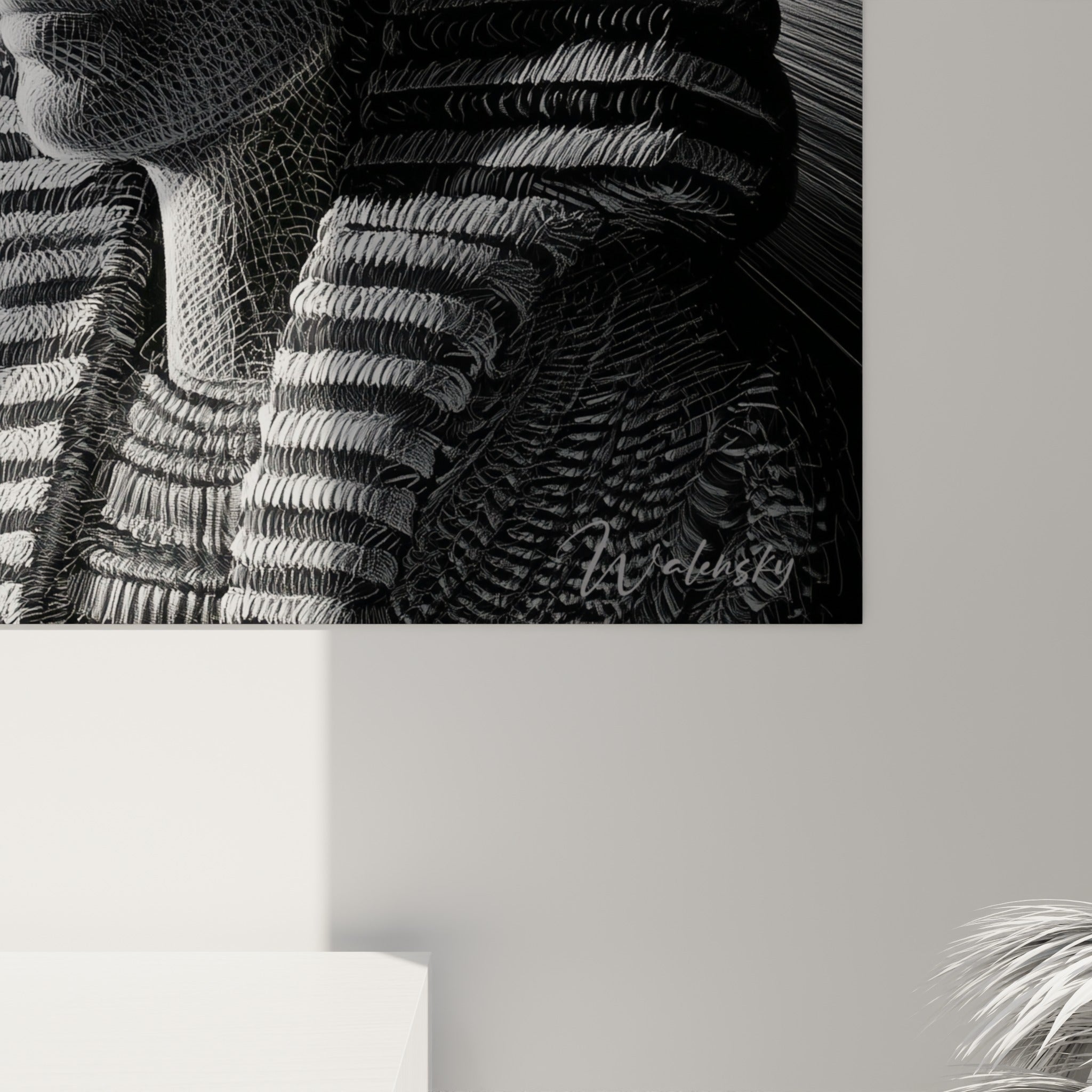 Gravure fine de visage pharaonique révélant les hachures noires et blanches et le grain texturé de l'impression