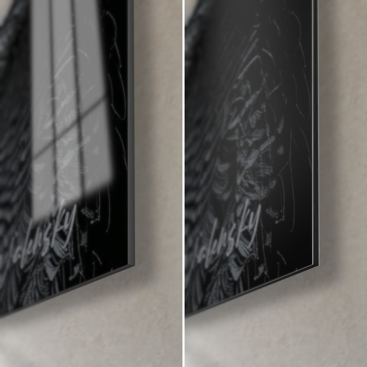 Schilderij geciseleerde faraoprofielen, rechtsonder de hoek: glanzend glas links, mat antracietgrijs Dibond rechts