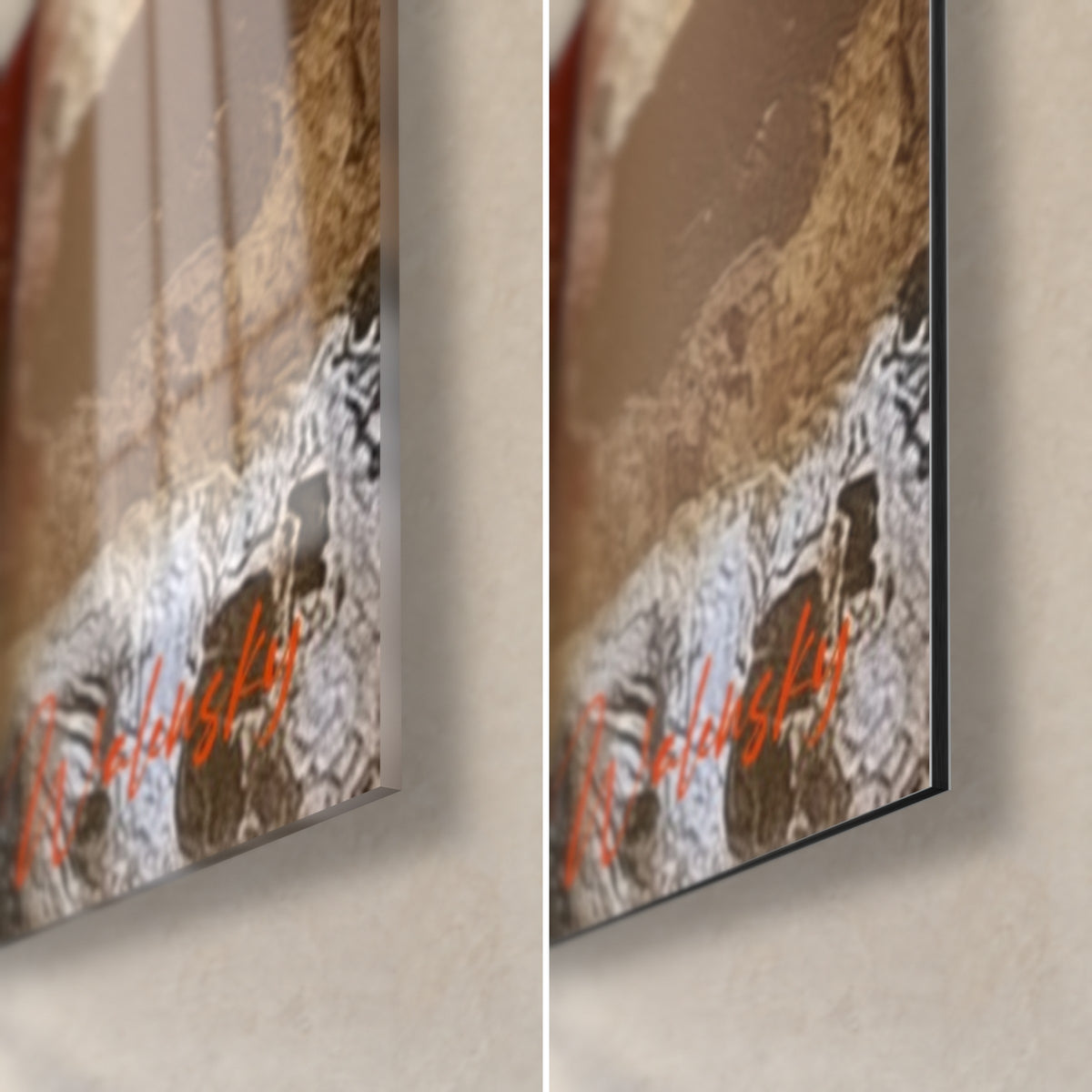 Tableau colonnade égyptienne, coin bas droit : verre acrylique brillant à gauche, alu Dibond mat noir à droite, tranche de 3 mm
