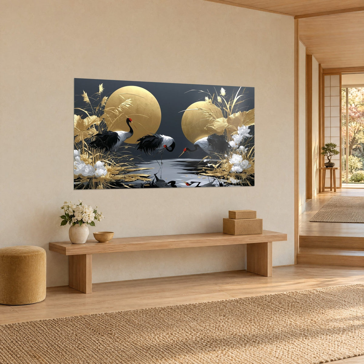 Wall art of wading birds with ink-black wings before two golden discs, white peonies and ochre reeds, cream wall of a Japandi home
