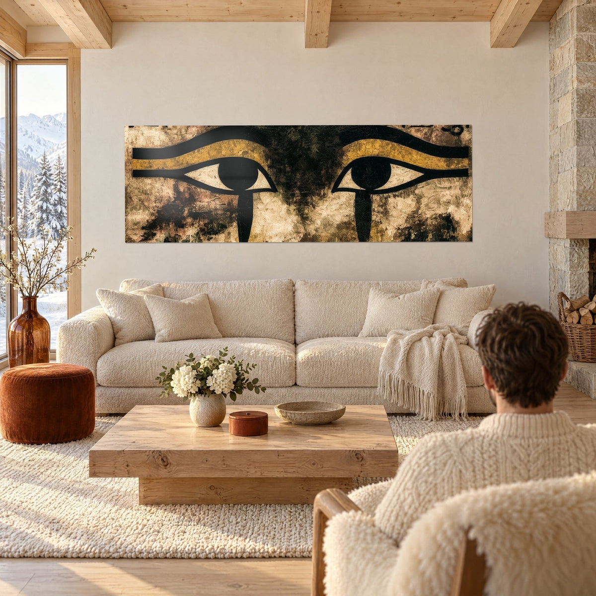 Gemälde Paar Horusaugen in Schwarz mit goldenen Augenbrauen auf sandfarbenem Steingrund, zwei Personen von hinten, über einem Sofa in einem hellen Wohnzimmer