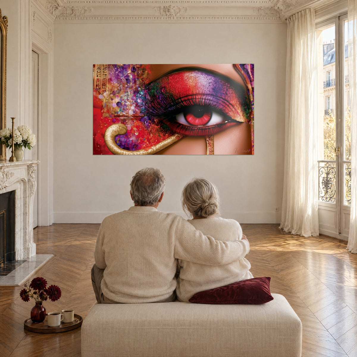Tableau Horus aux couleurs vives, iris rouge et paupière violette, hiéroglyphes dorés, face à un couple de dos enlacé dans un grand salon