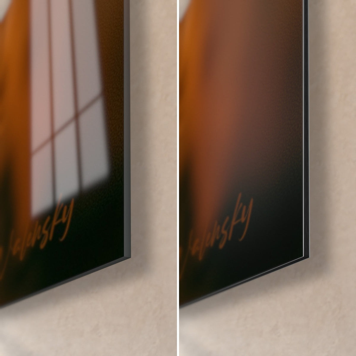 Wall art golden sandstone arch and hieroglyphs, bottom right corner, glossy acrylic glass on the left, matte Dibond aluminium on the right