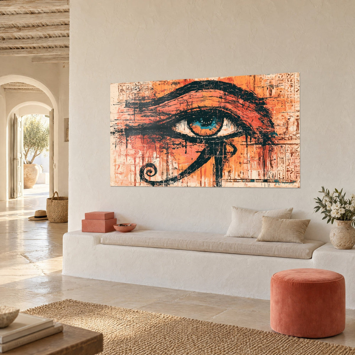 Wall art Egyptian eye outlined in black, ochre hieroglyphs and spiral at bottom left, white bench in a niche, Mediterranean home