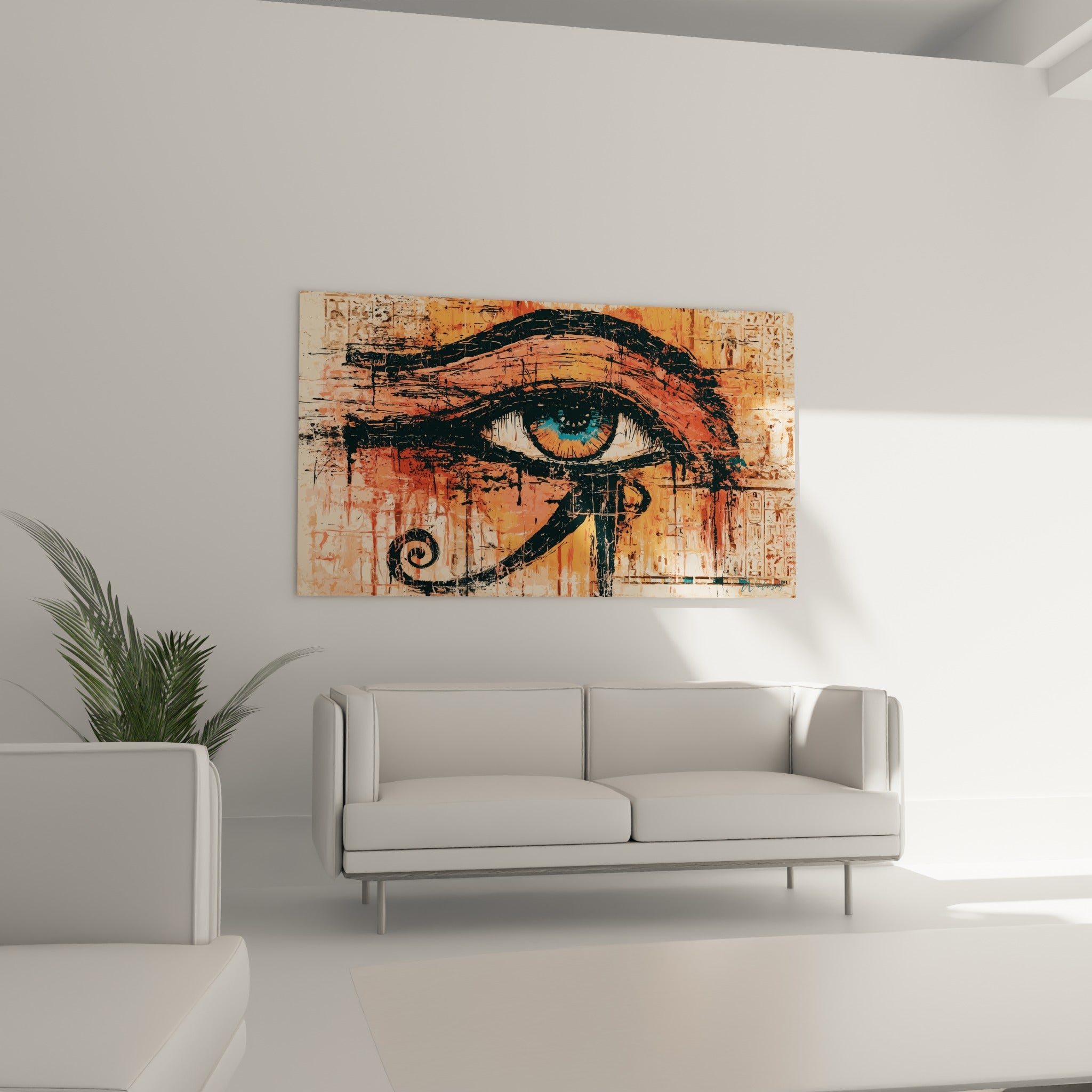 Œil d'Horus aux tons ocre et noir affiché au-dessus d'un canapé dans un salon lumineux