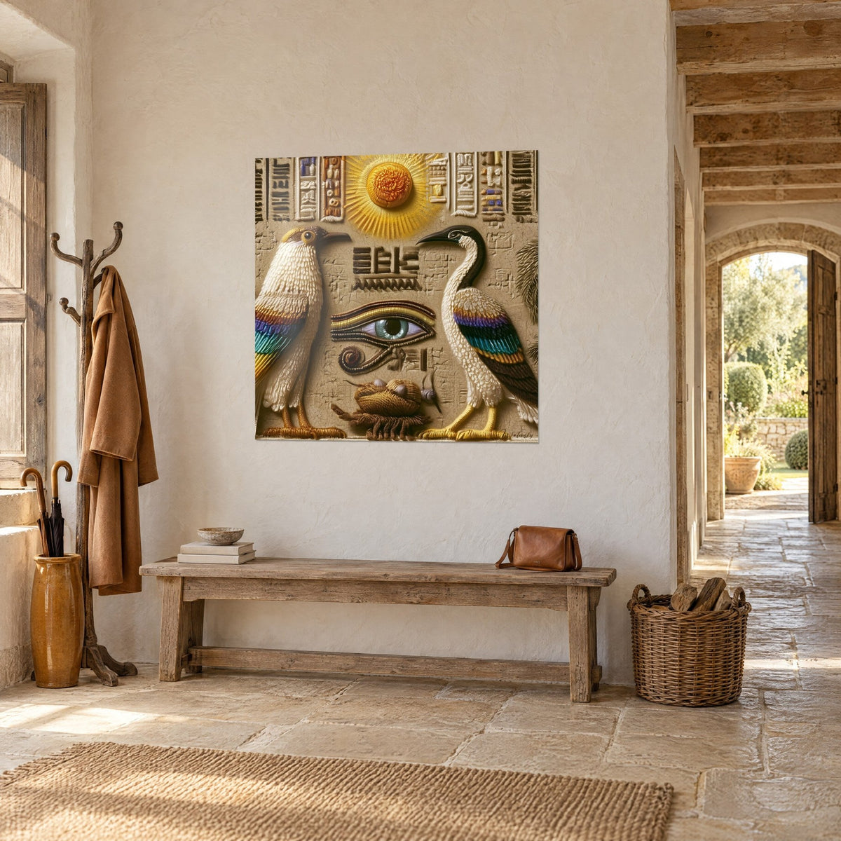 Schilderij Egyptische vogels met turquoise en gouden regenboogvleugels, oranje zon en hiërogliefen, driekwart zicht in een stenen hal