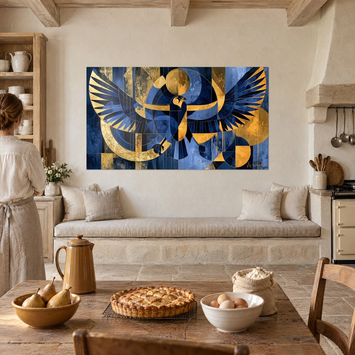 Wall art falcon deity in a mosaic of gold arches on royal blue background, rustic kitchen, pear tart in the foreground
