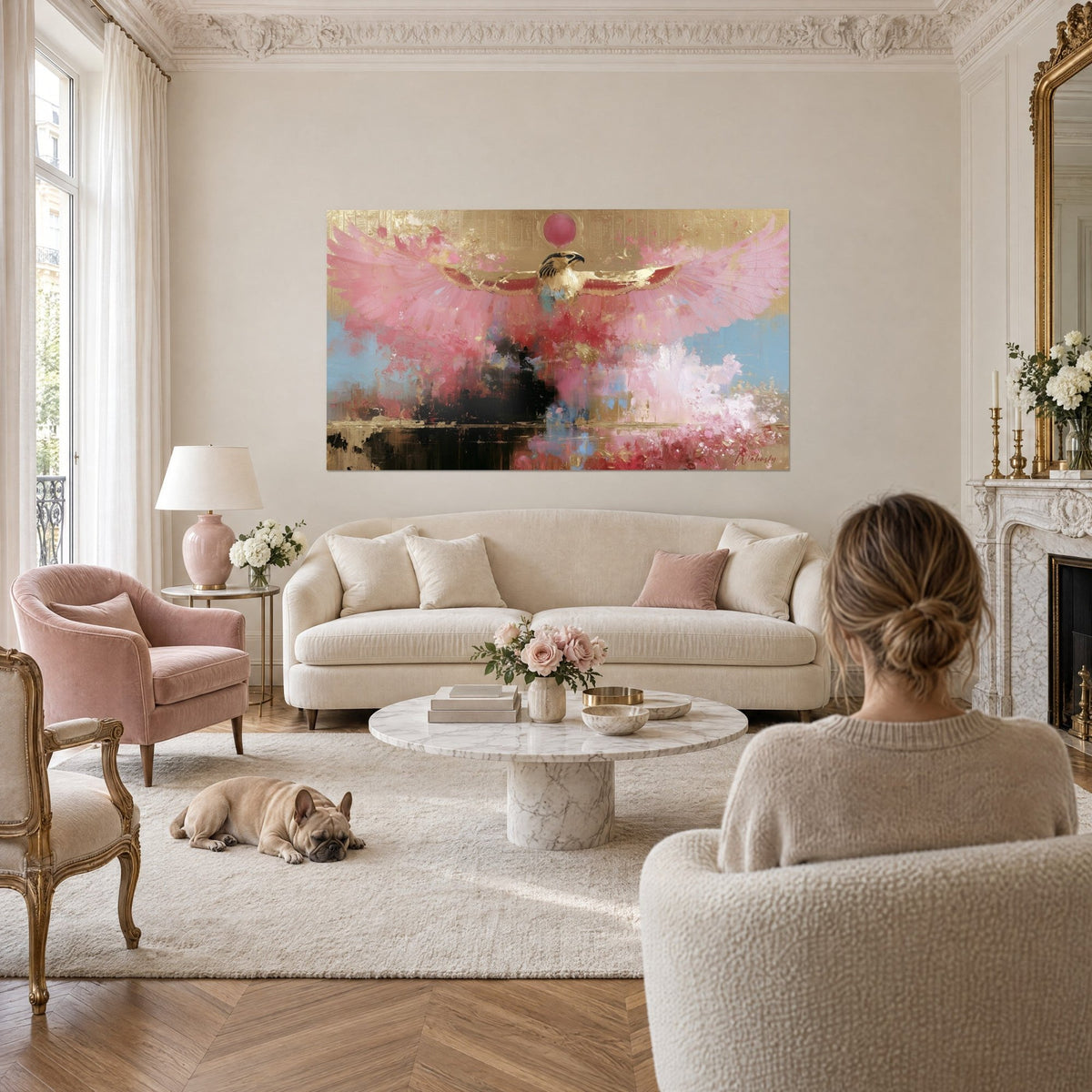 Gemälde Falke in Rosa mit ausgebreiteten Flügeln, gepuderte Federn und Gold vor einer purpurnen Scheibe, über einem Sofa in einem hellen Wohnzimmer