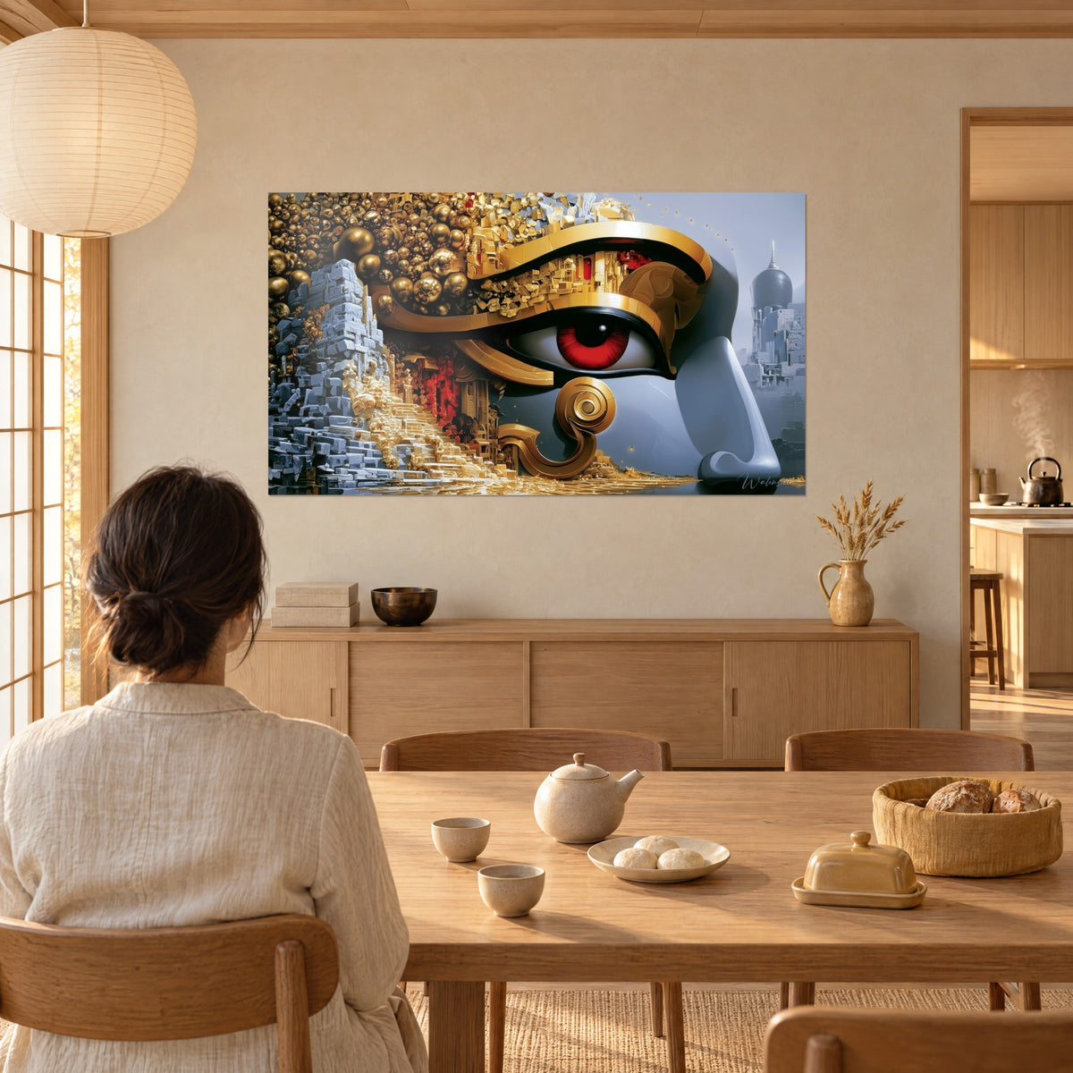 Wall art Egyptian idol with large red eye, fading golden staircase over grey stones, seen from a light wooden table