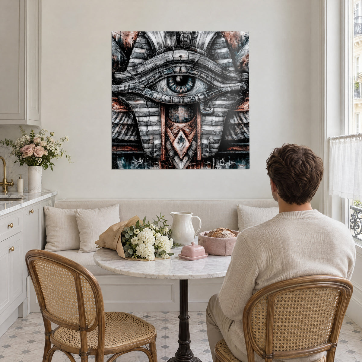 Cuadro símbolo de Horus en trazos de pincel gris, cobre y azul petróleo, observado por un hombre de espaldas en una cocina abierta