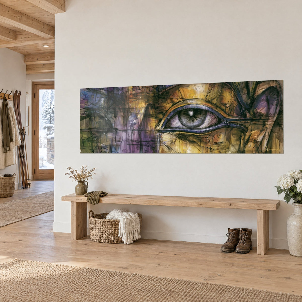 Schilderij Egyptische blik met grijze iris omlijst door blauwviolet, geschetste okerkleurige lijnen, opgehangen boven een houten bank in de entree van een chalet