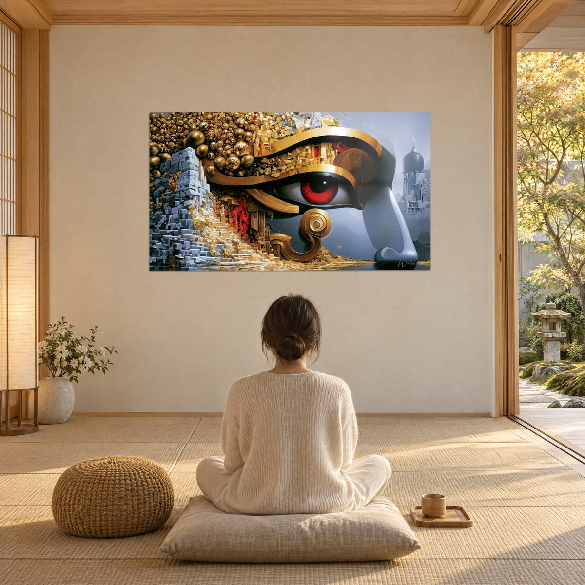 Wall art grey and gold stone face with purple iris, misty futuristic city on the right, viewed by a woman seated in meditation