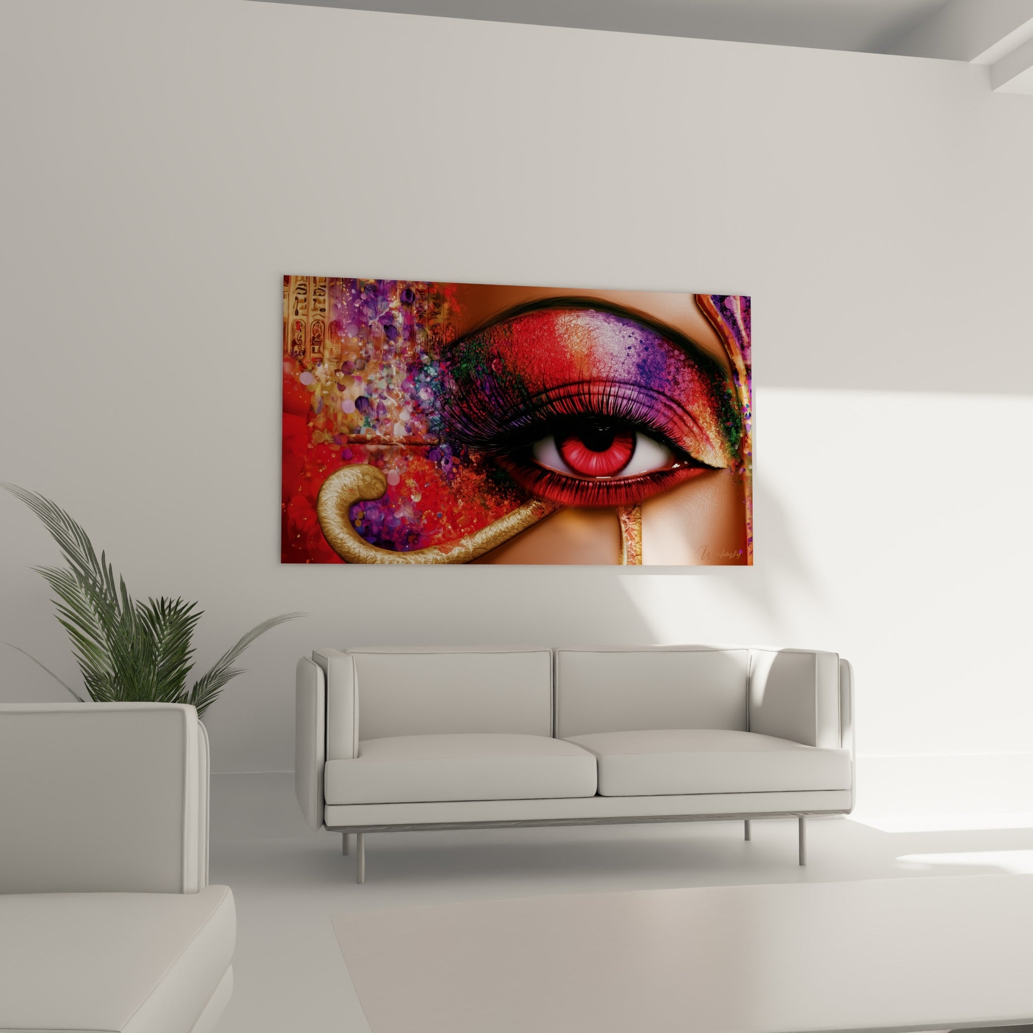 Iris pourpre et cils noirs intenses, œuvre égyptienne accrochée au-dessus d'un canapé dans un salon lumineux