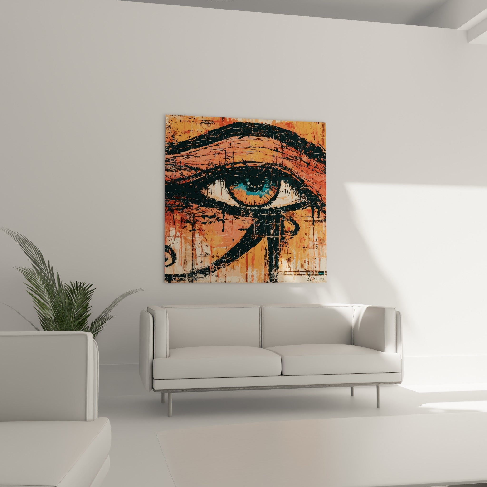 Iris turquoise et contour noir de l'œil d'Horus au-dessus d'un canapé dans un salon lumineux