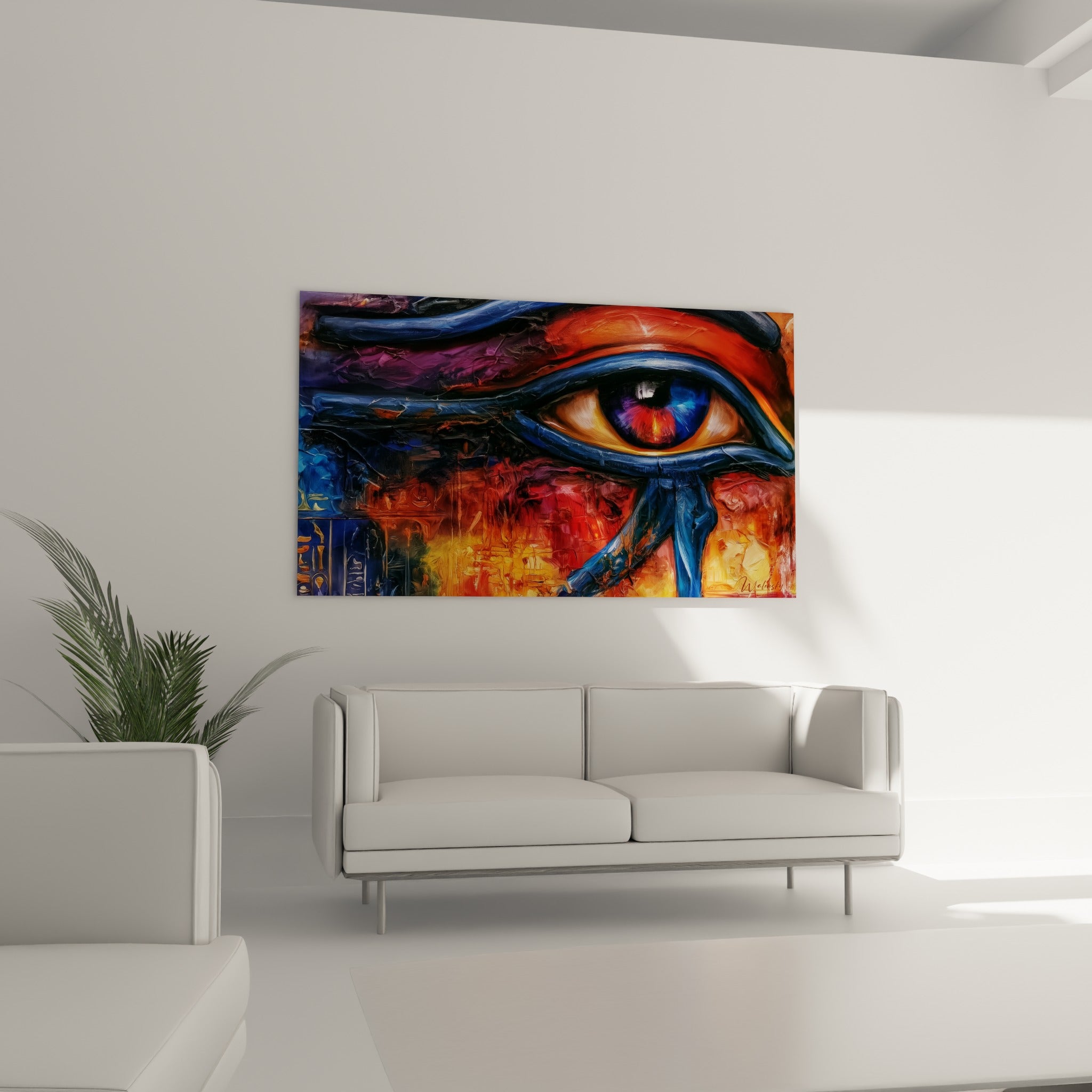 Iris coloré rouge et violet cerné de bleu profond et orange vif, au-dessus d'un canapé dans un salon lumineux