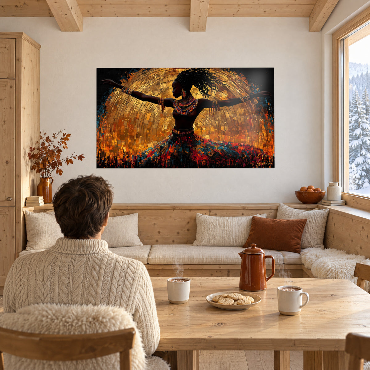 Schilderij van een tribale dans, rok van rode en turquoise tesserae, gouden mozaïekzon, tegenover een stel aan tafel in een houten woonkamer