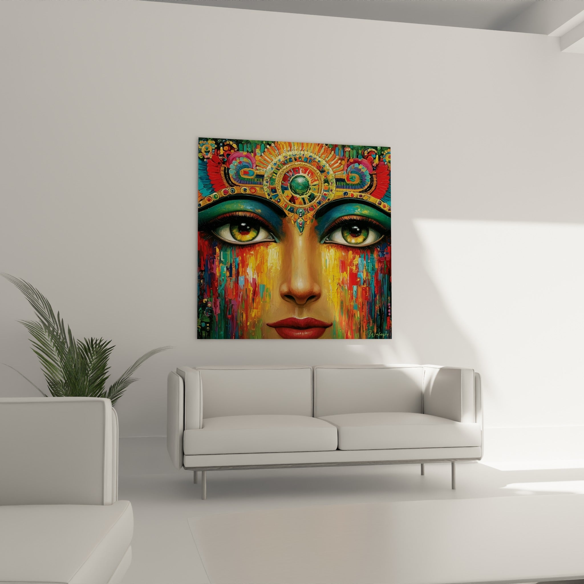 Lèvres rouge carmin et coulures turquoise d'un portrait pharaonique au-dessus d'un canapé dans un salon lumineux