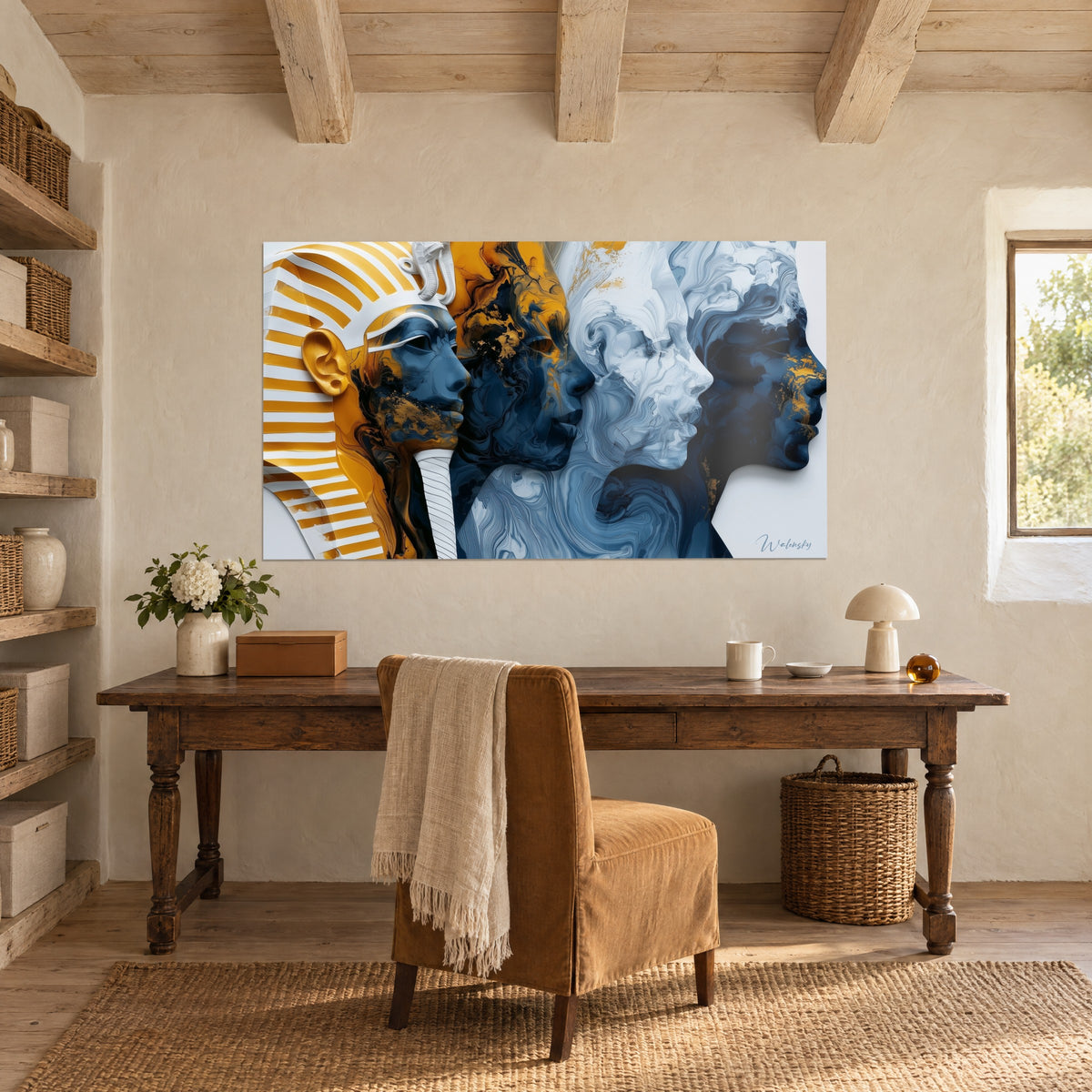 Schilderij gouden Egyptisch grafmasker dat overvloeit in gletsjerblauwe en marineblauwe gezichten, boven een antiek houten bureau