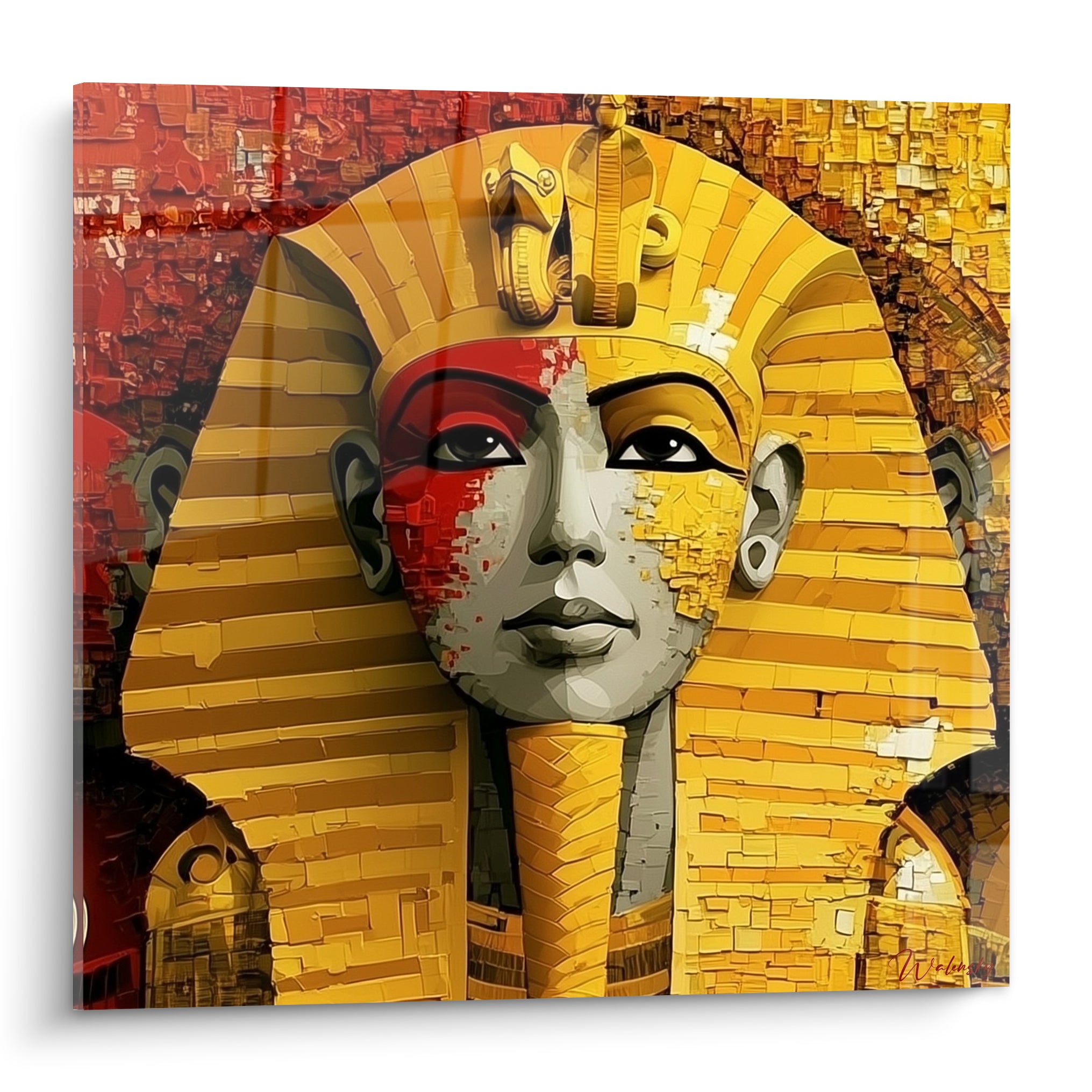 Masque de pharaon doré et rouge terracotta au visage fracturé en mosaïque géométrique