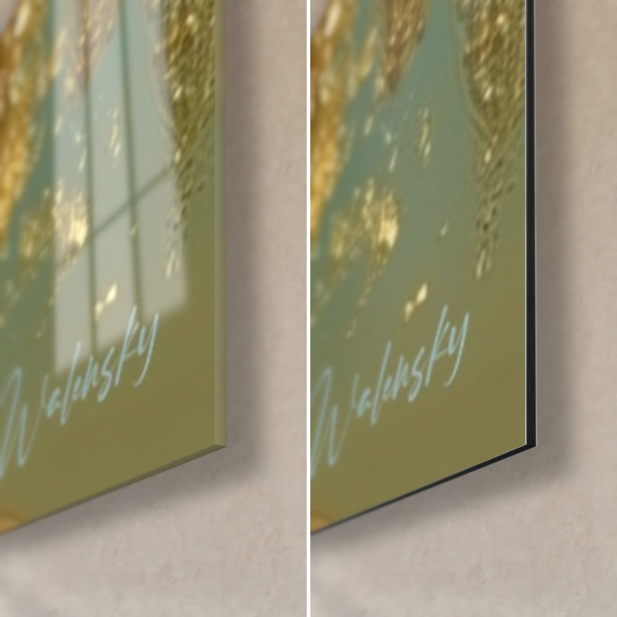Cuadro rostro dorado con los párpados bajos, esquina inferior derecha: cristal acrílico brillante con reflejos, aluminio Dibond negro mate, canto de 3 mm