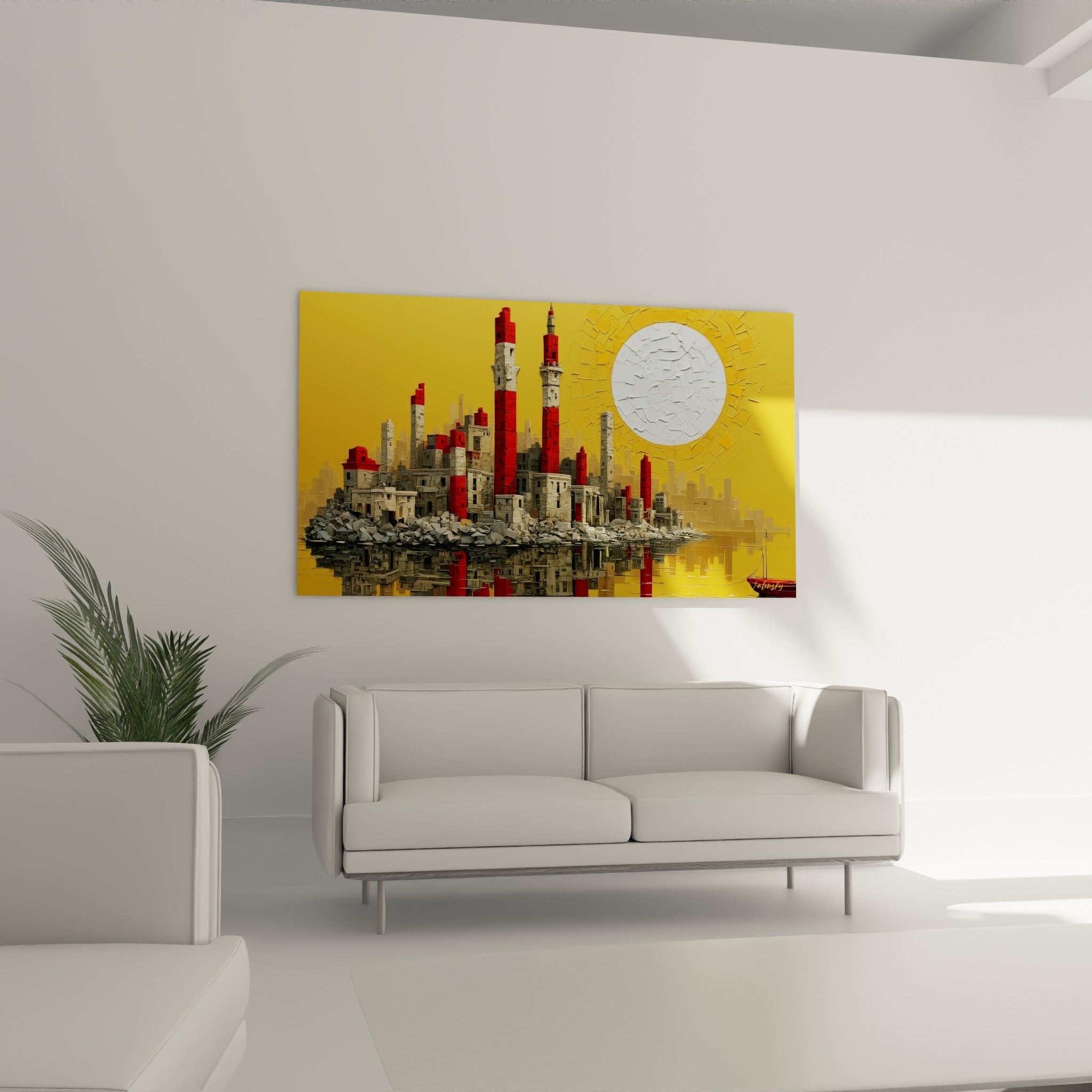 Minarets rouges et blancs d'une cité égyptienne se reflétant dans l'eau, au-dessus d'un canapé dans un salon lumineux