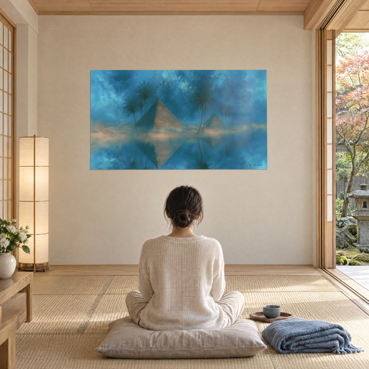 Tableau reflets de pyramides sur lagune azur et or pâle, palmiers sombres, face à une femme assise en méditation sur un coussin gris