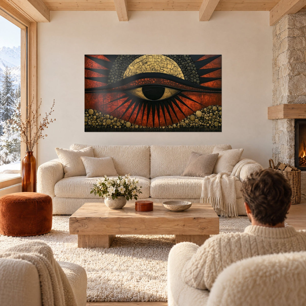 Cuadro Ojo de Horus rojo ladrillo y oro, pupila negra, pestañas en forma de rayos, encima de un sofá en un salón luminoso