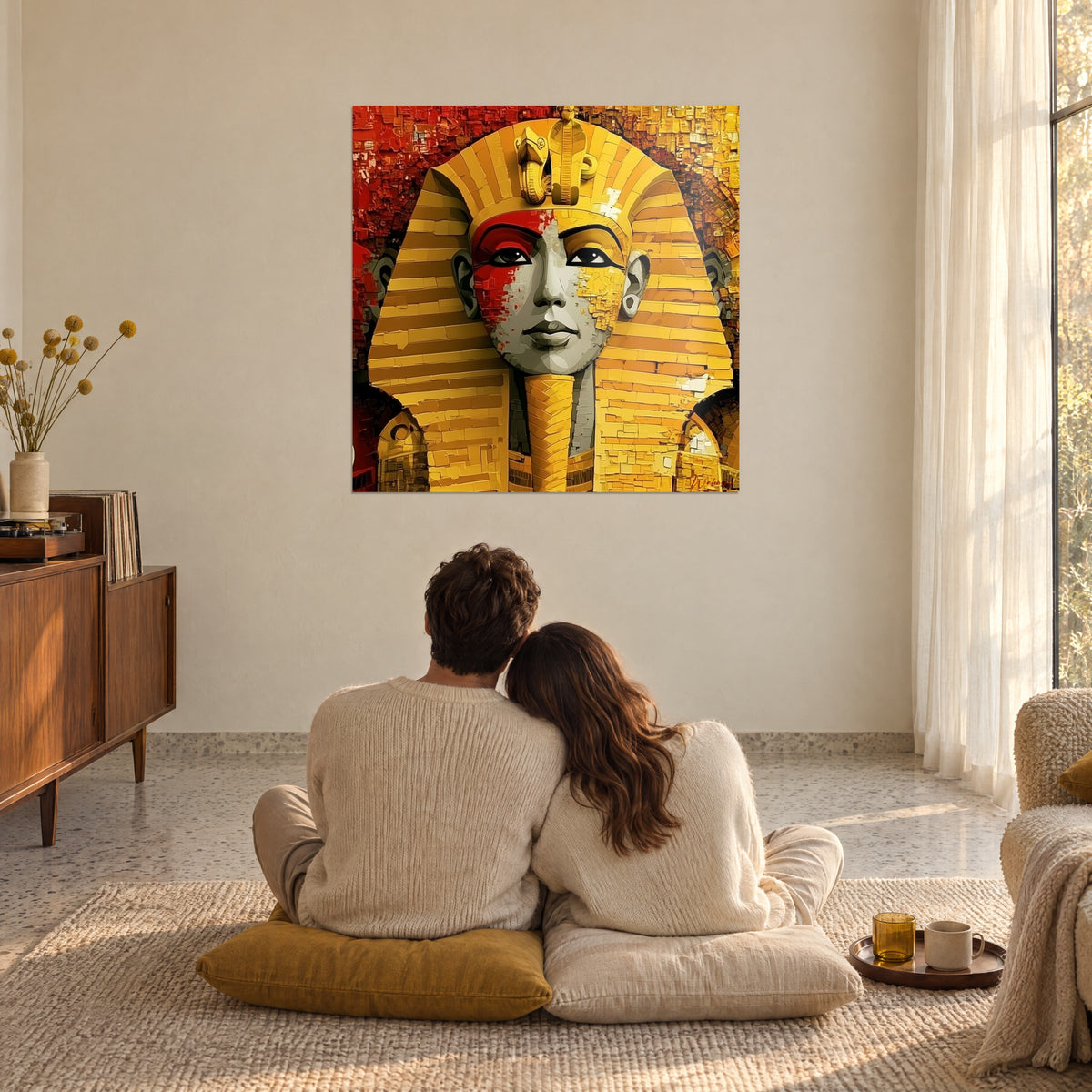 Schilderij Toetanchamon in mozaïek van rood, geel en grijs, gouden uraeus op het voorhoofd, tegenover een koppel op mosterdgele kussens