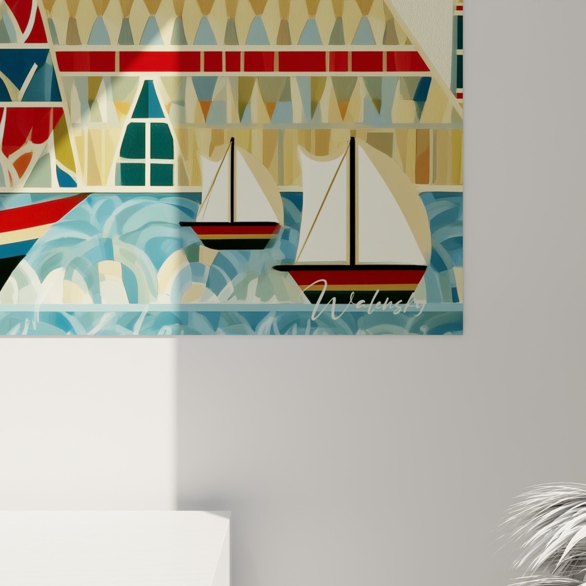 Motifs égypte en mosaïque révèlent empâtements rouges, dorés et bleu marine sur la toile accrochée
