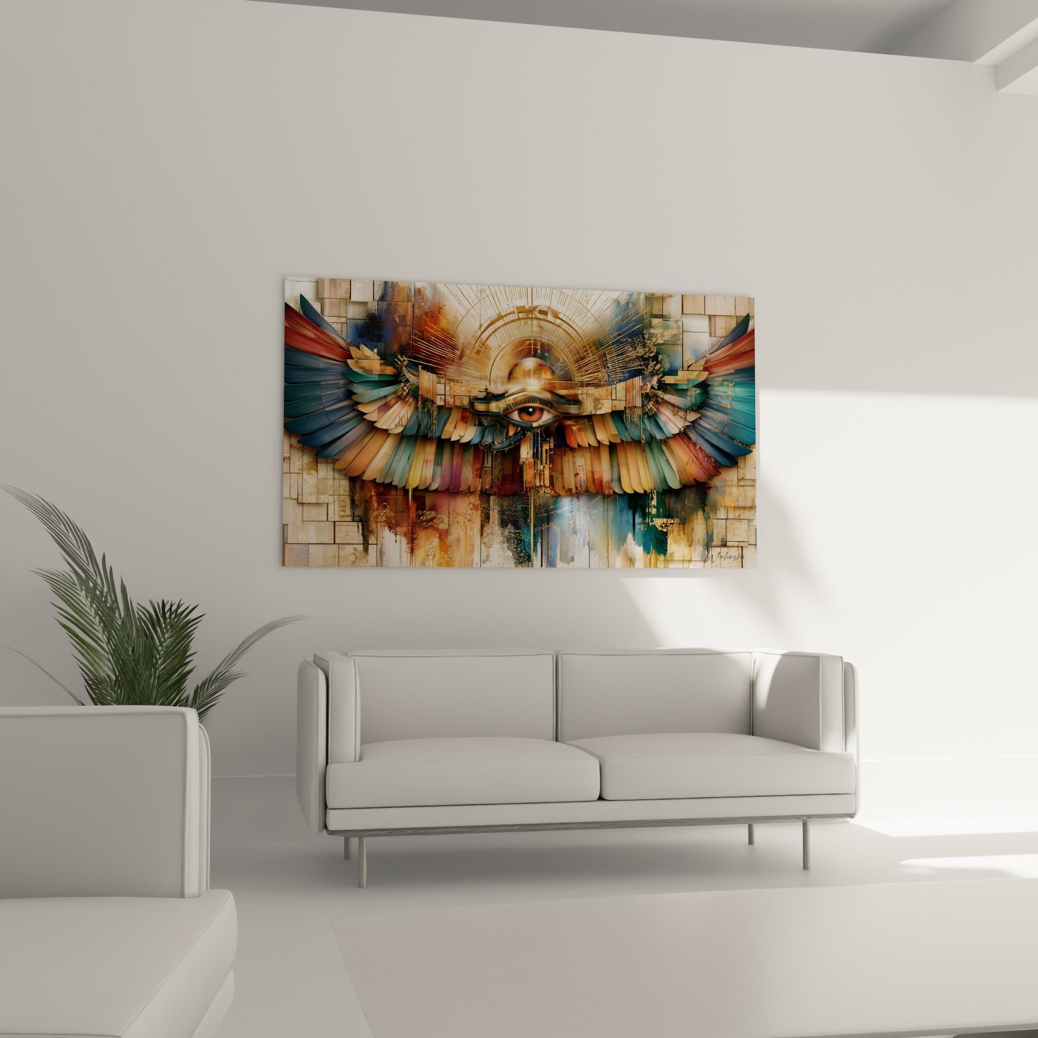 Motif égyptien doré et bleu pétrole représentant l'Œil d'Horus, au-dessus d'un canapé dans un salon lumineux