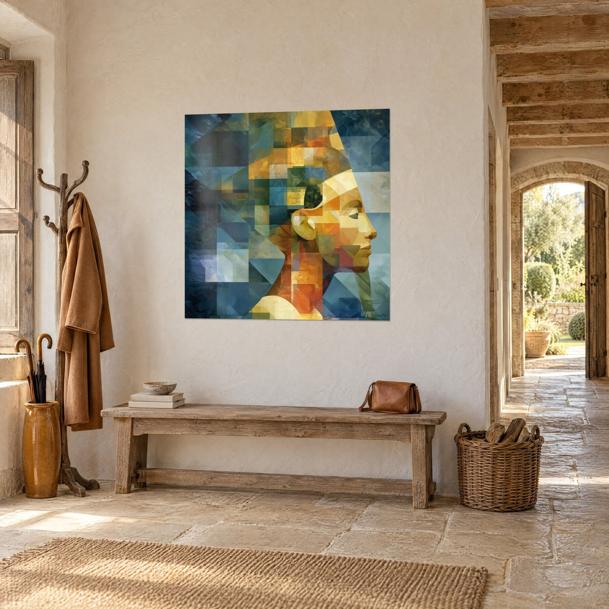 Quadro faraona in profilo cubista, volto ocra e arancio su mosaico blu petrolio, muro di pietra e panca in legno