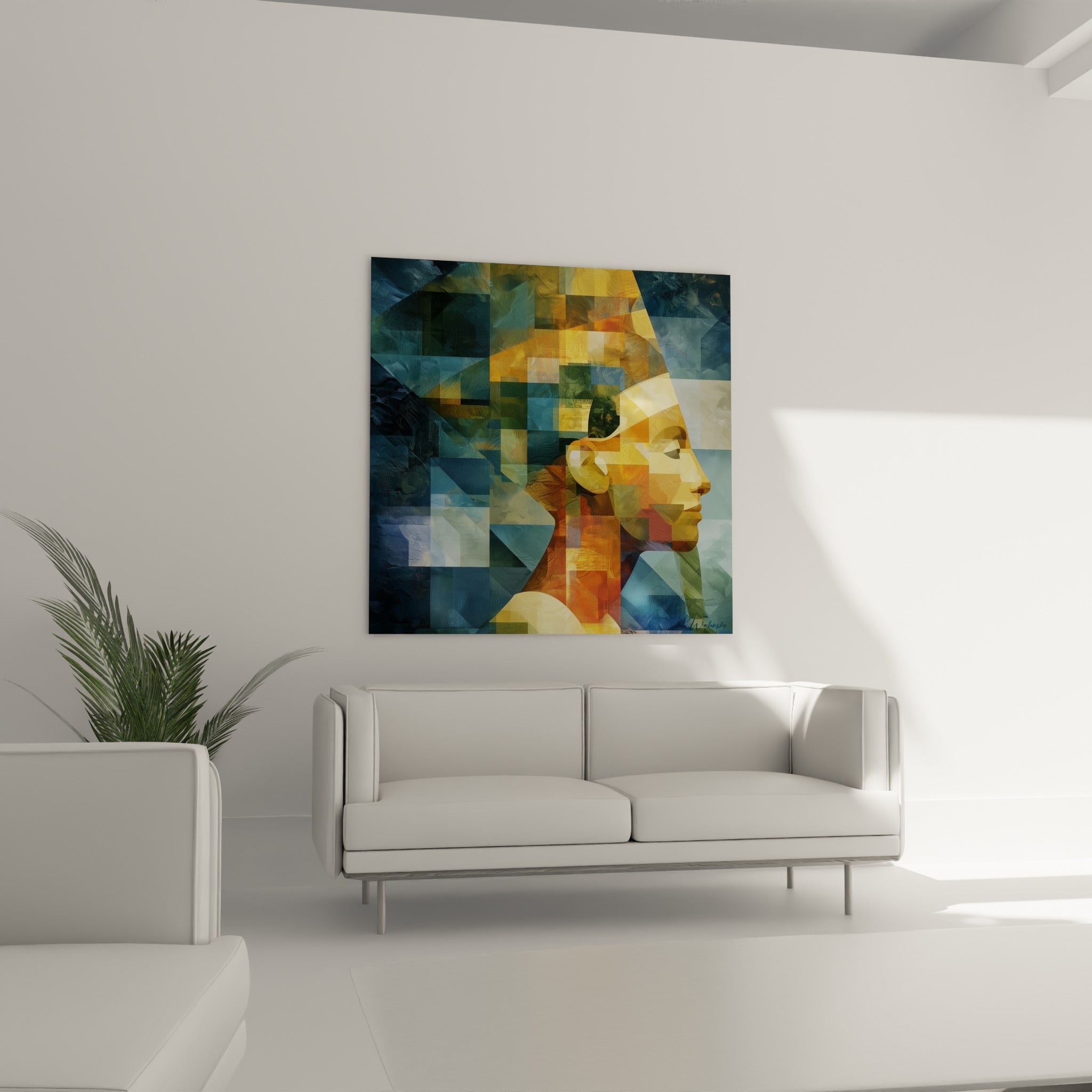 Visage fragmenté ocre et bleu pétrole d'une reine antique, au-dessus d'un canapé dans un salon lumineux