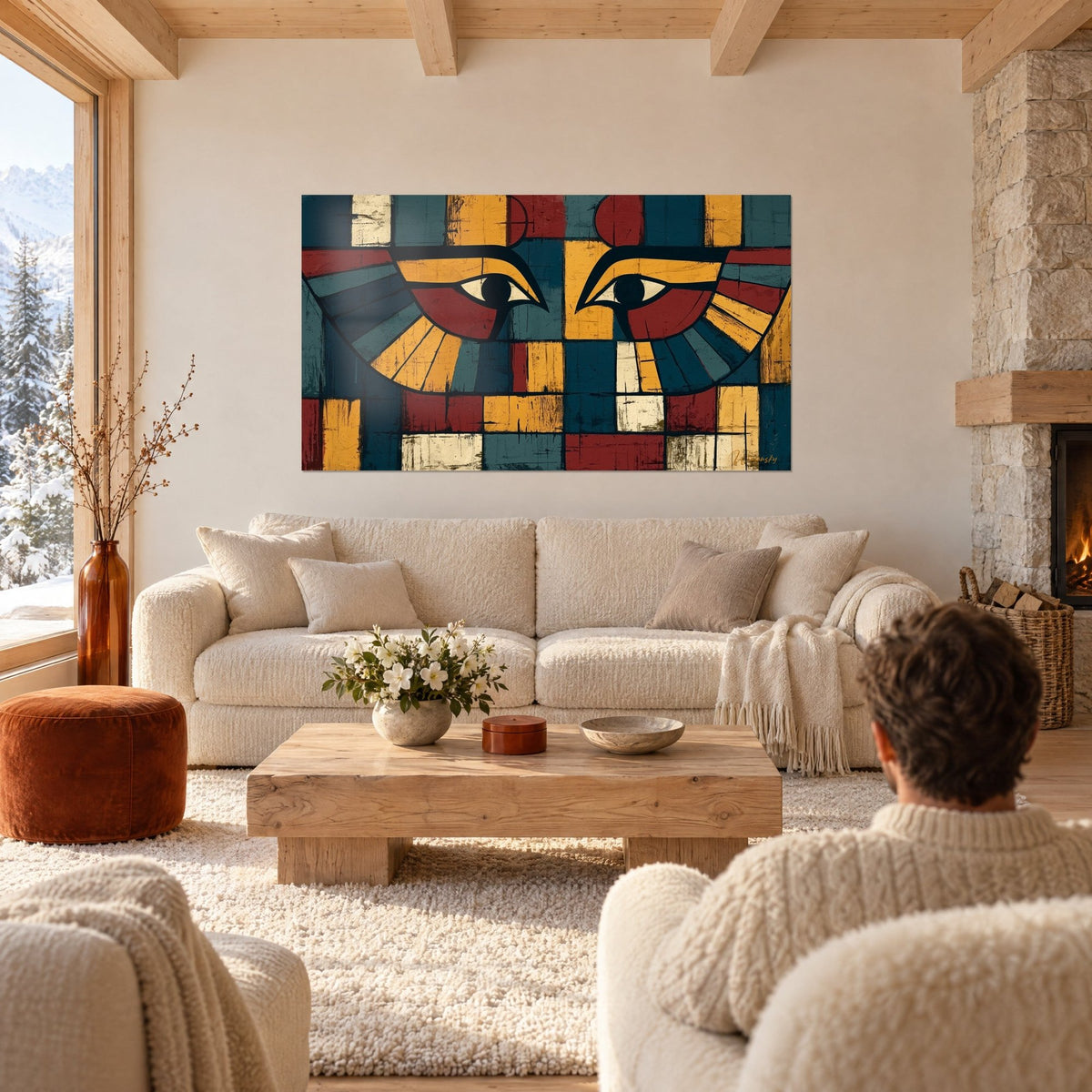 Quadro con gemelli Occhi di Horus a scacchiera blu petrolio e ocra, rosso mattone, un uomo di spalle sopra un divano in un soggiorno luminoso
