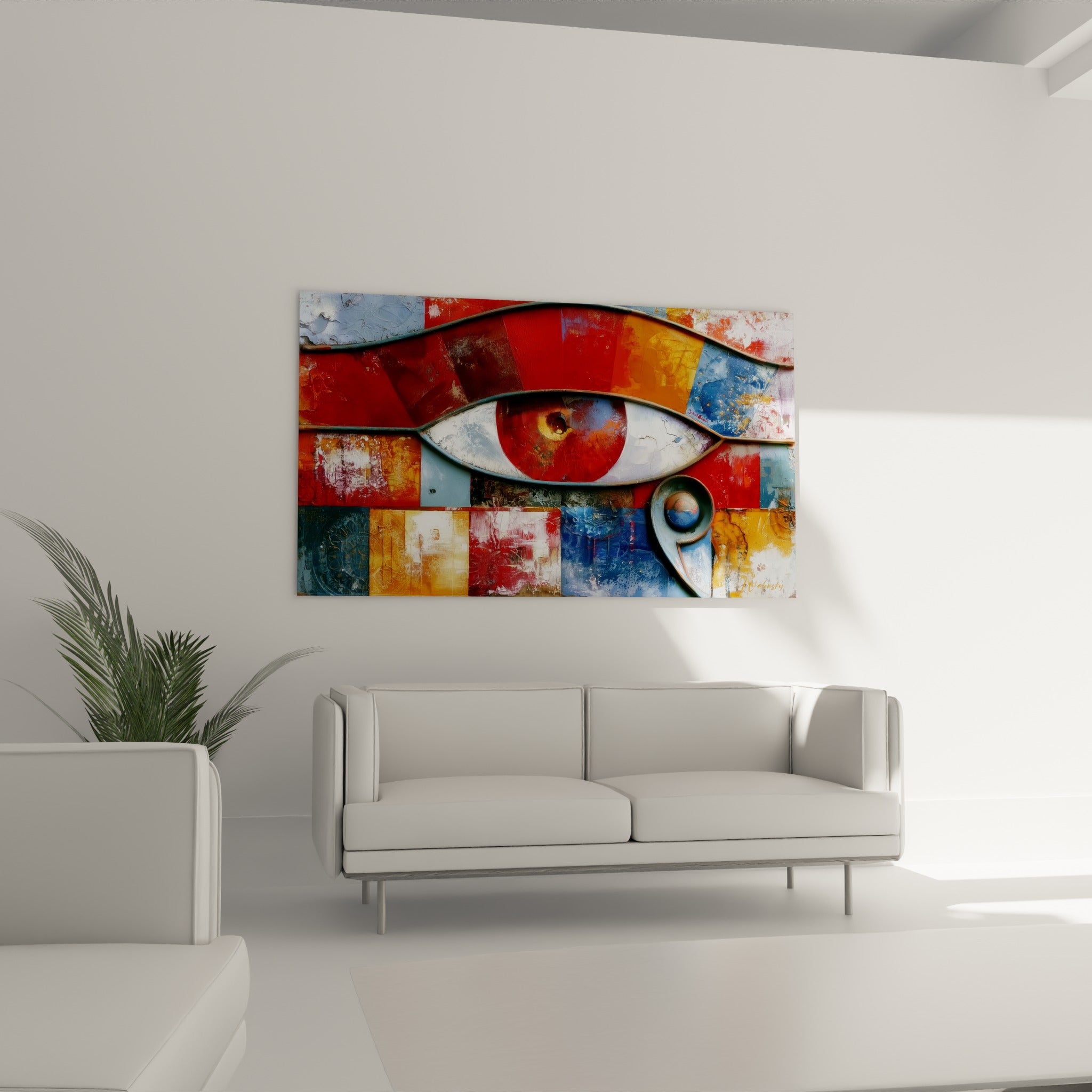 Motif Horus bleu marine et doré placé au-dessus d'un canapé dans un salon lumineux