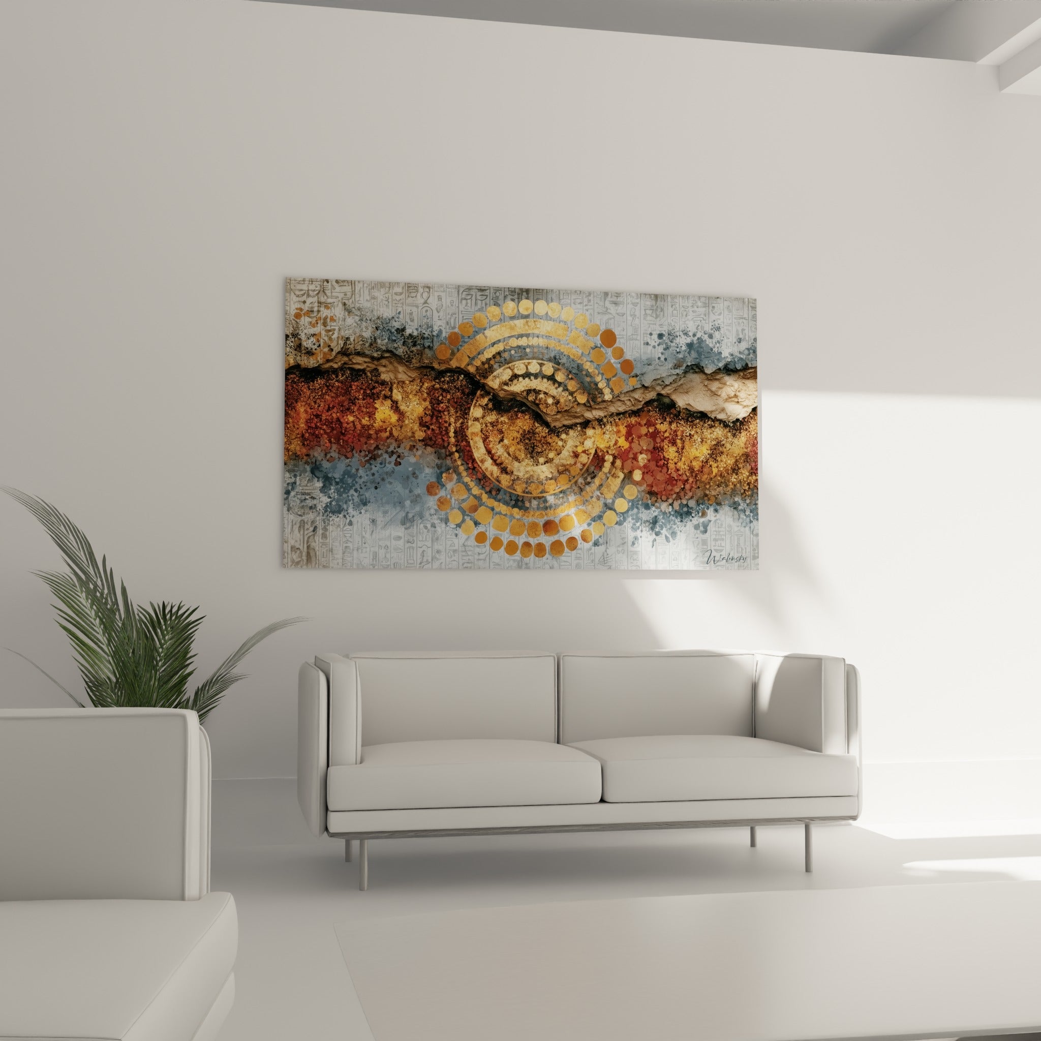 Motif solaire bronze et pierre fissurée égyptienne, positionné au-dessus d'un canapé dans un salon lumineux