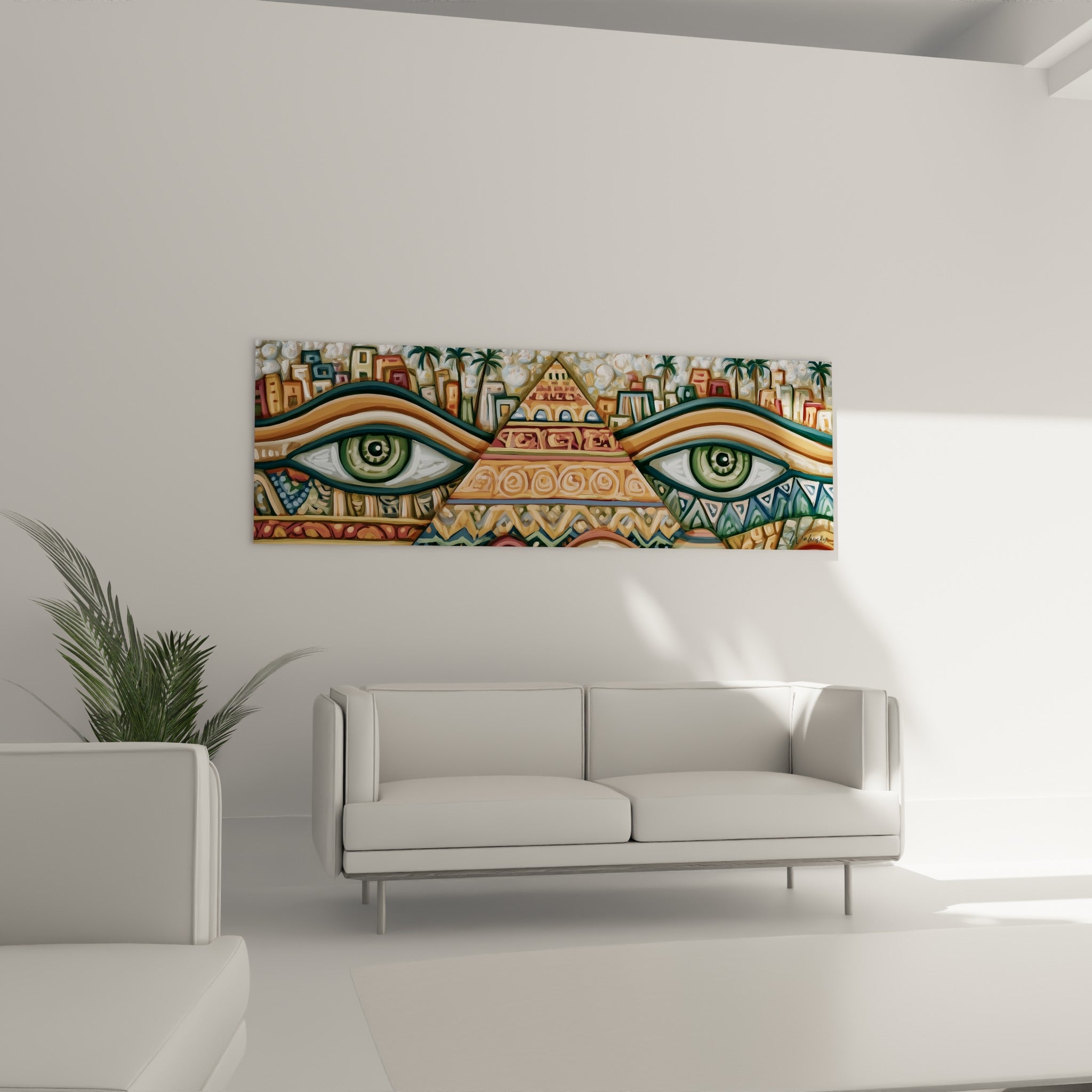 Motifs égyptiens ocre et bleu pétrole avec pyramide centrale au-dessus d'un canapé dans un salon lumineux