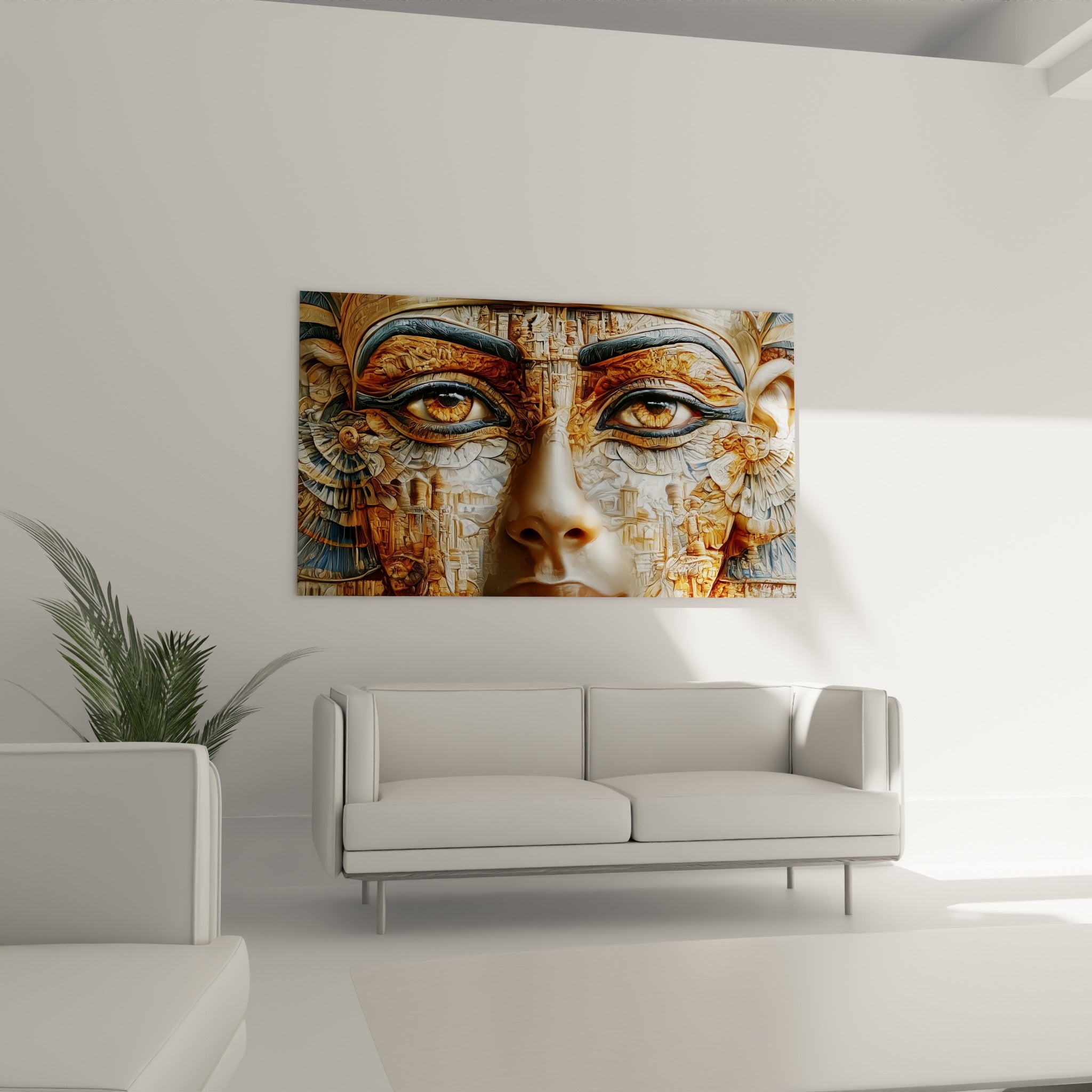 Regard égyptien cuivré et anthracite dominant un tableau au-dessus d'un canapé dans un salon lumineux