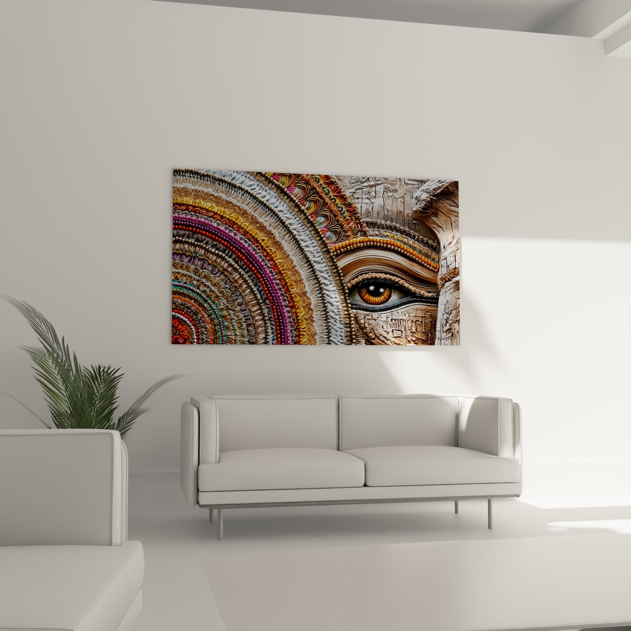 Motifs égyptiens dorés et émeraude en éventail au-dessus d'un canapé dans un salon lumineux