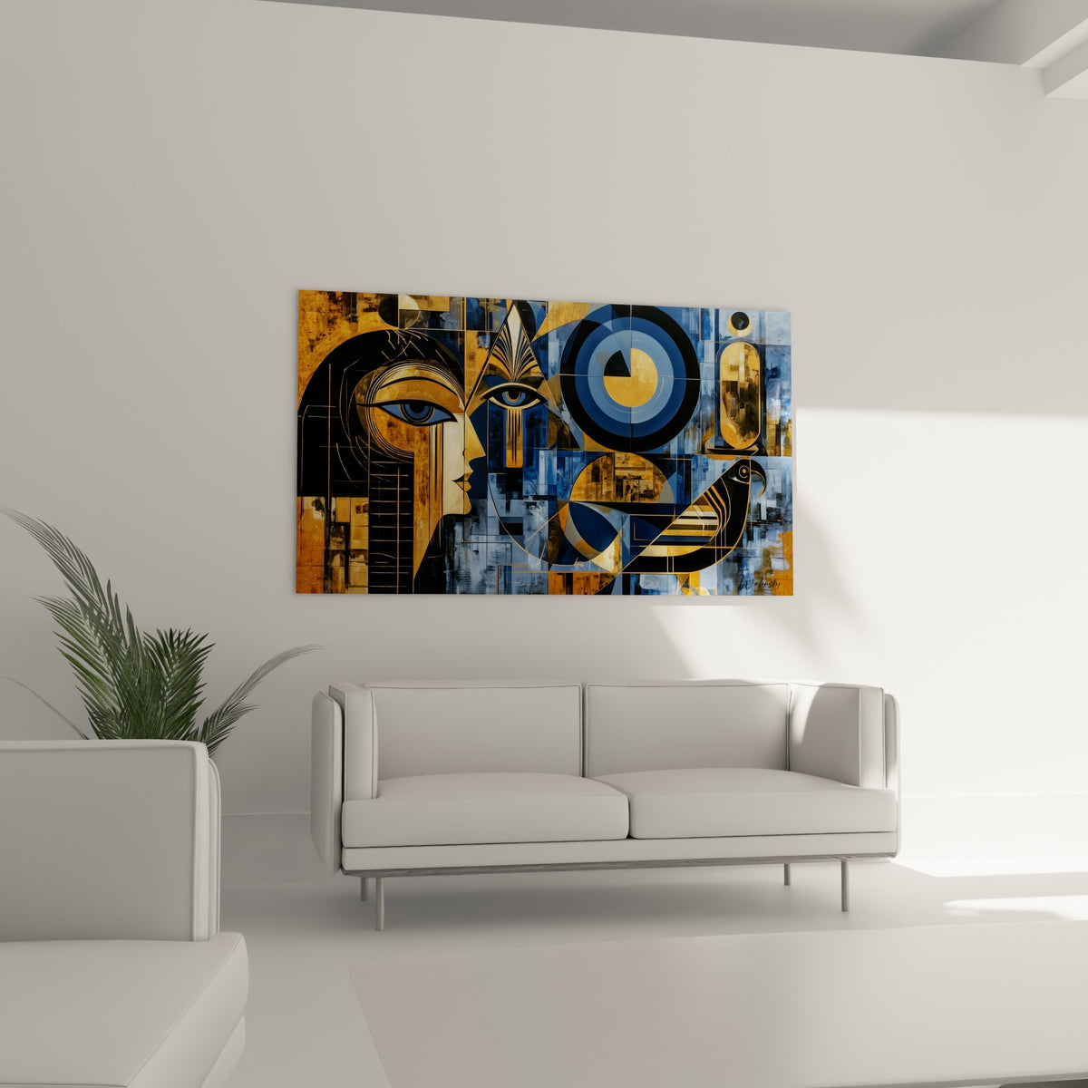 Motifs dorés et bleu nuit d'inspiration égyptienne au-dessus d'un canapé dans un salon lumineux