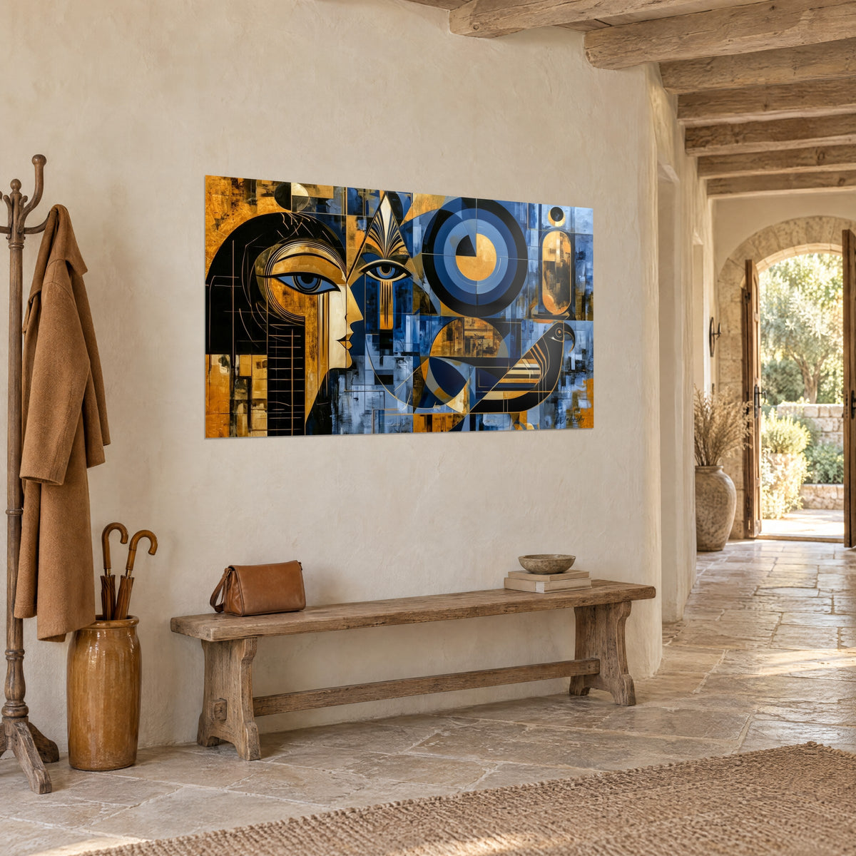 Quadro falco nero con striature ocra e volto stilizzato, cerchi blu e oro, visto di tre quarti accanto a un cappotto in un ingresso in pietra