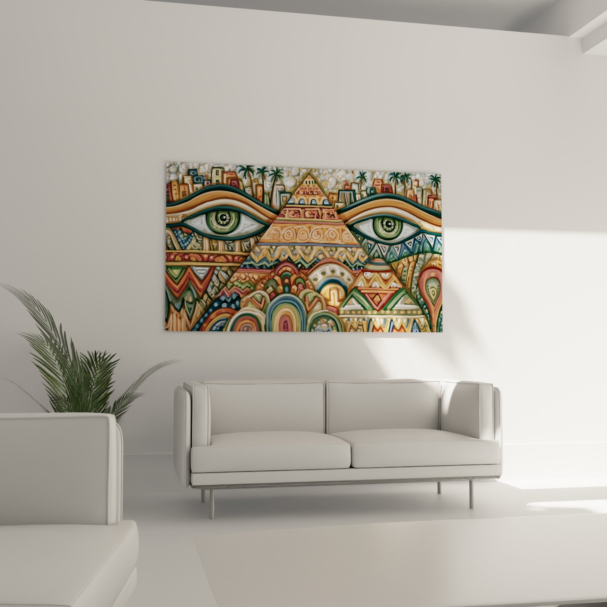 Motifs égyptiens ocre et vert sauge, palmiers stylisés, au-dessus d'un canapé dans un salon lumineux