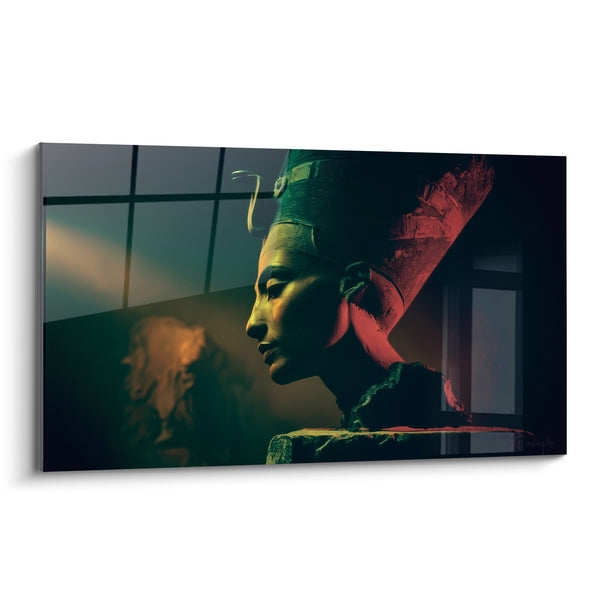 Tableau Buste de Néfertiti vert et rouge sous verrière - Reflet du musée - Edition egypte