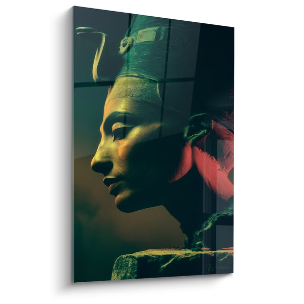 Tableau Buste pharaonique doré et vert aux fleurs rouges - Profil sous vitrine sombre - Edition egypte
