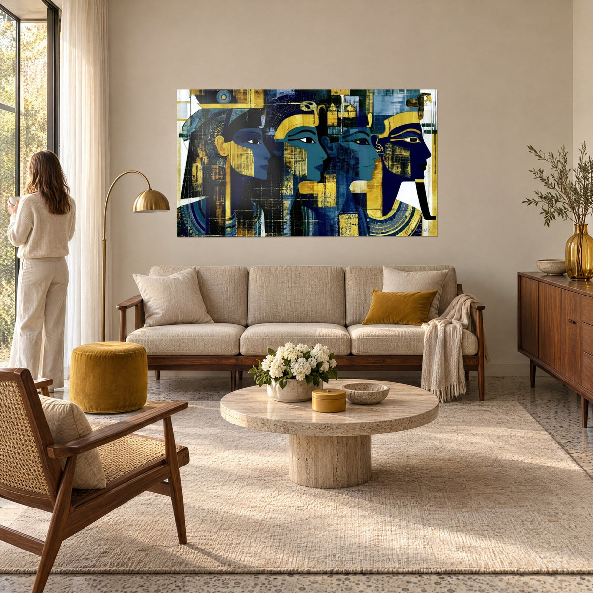 Wall art procession of pharaohs in profile in navy blue and gold, striped headdresses and ousekh collar, above a sofa in a bright living room