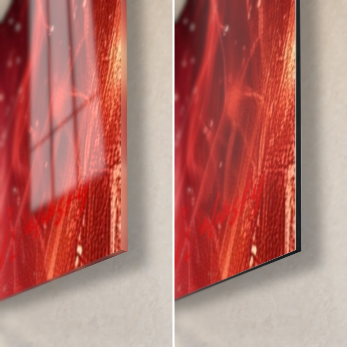 Quadro volto di faraone rosso fuoco, angolo in basso a destra: vetro acrilico lucido a sinistra, alluminio Dibond nero opaco a destra, spessore 3 mm
