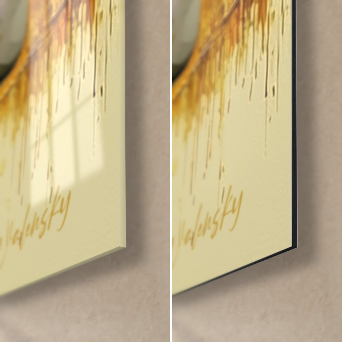 Wall art golden Egyptian sovereign, bottom right corner: ochre drips on cream, 3 mm edge, glossy glass and matte black Dibond