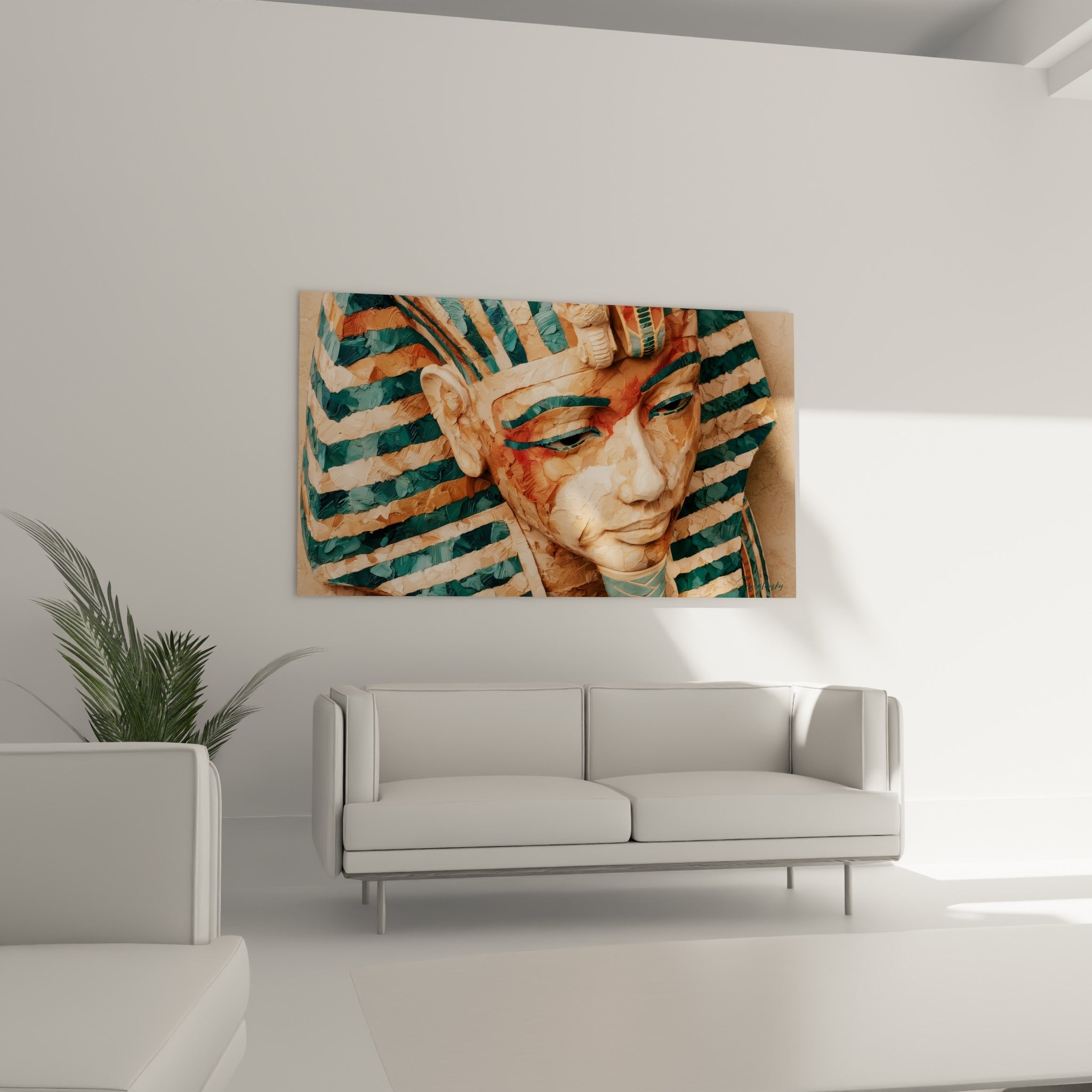 Souverain égyptien sculpté en relief peint, tons fauve et bleu-vert, au-dessus d'un canapé dans un salon lumineux