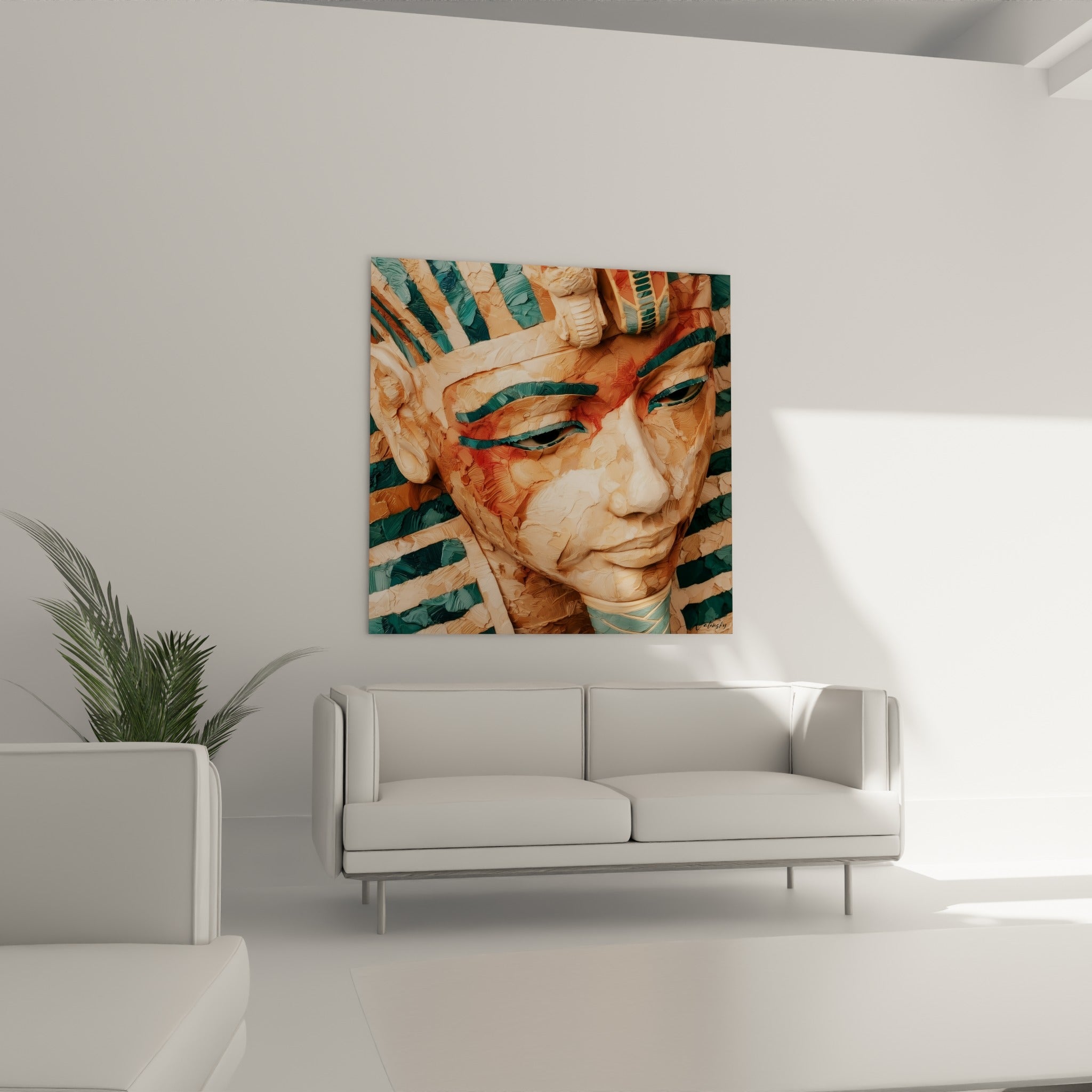 Souverain antique au némès bleu sarcelle et peau beige texturée au-dessus d'un canapé dans un salon lumineux